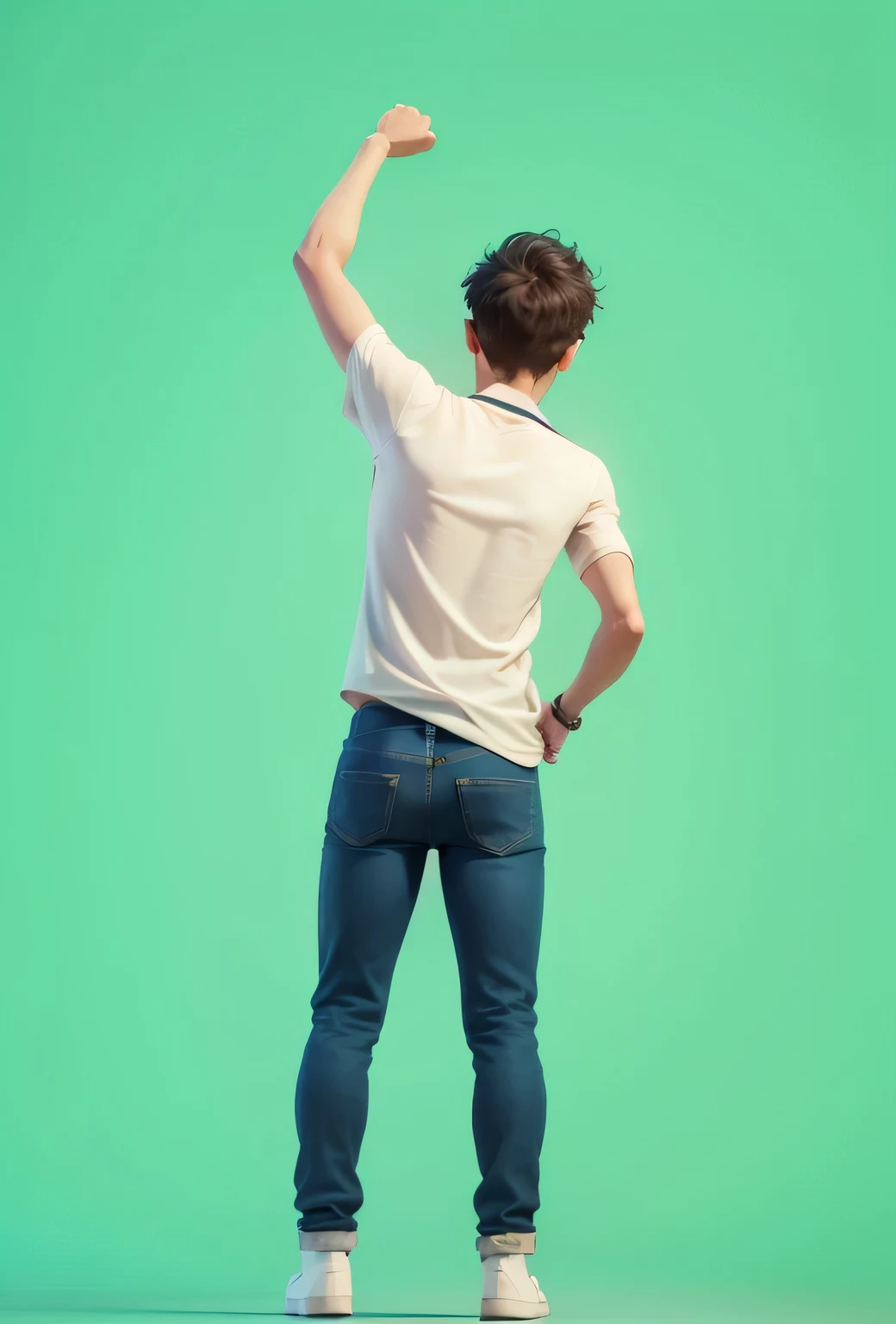 arafed image of a boy in jeans and a white shirt, back pose, t - pose, t-pose, t pose, promo art, promotional render, handsome anime pose, indistinct man with his hand up, pose(arms up + happy), realistic 3 d style, his back is turned, hyperrealistic teen, in full growth from the back