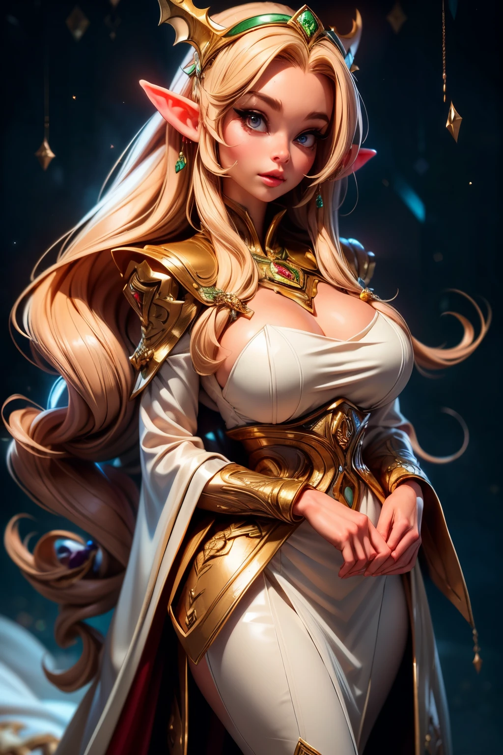 best quality, ultra high res, (photorealistic:1.4), 1girl as elf queen, elf ears, long medieval sleeve robe, (full body), (closeup), wide angle, (low angle), (busty), ((huge breasts)), large breastrown long hair:1.3), (looking at viewer),  