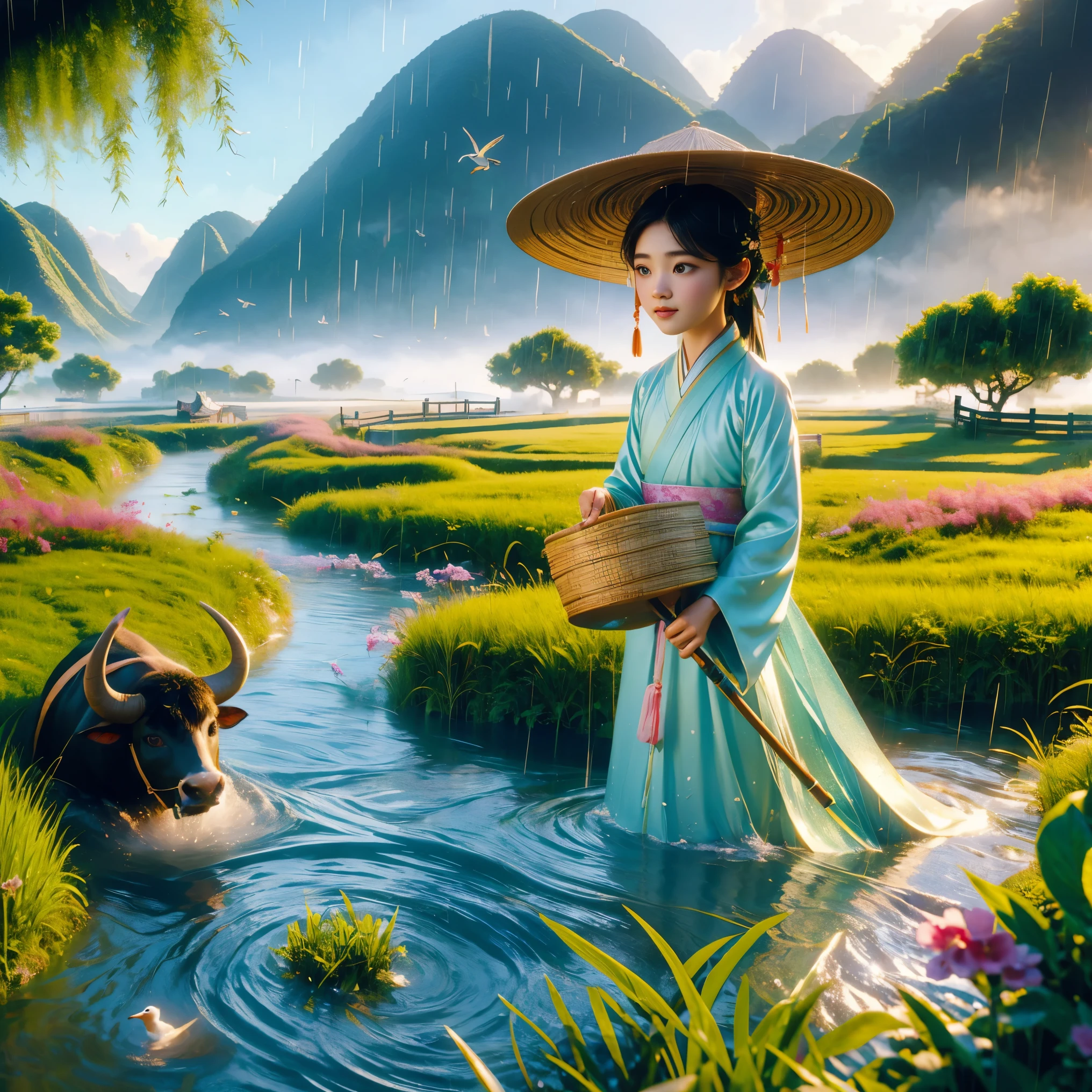 In a gentle, drizzling rain characteristic of Qingming Festival, a charming scene unfolds: a cute Chinese boy, clad in light-colored Hanfu with a straw hat, lies atop a black bull, leisurely chewing on a straw. Surrounded by a lush, verdant field with a flowing river, grasslands, and distant mountains, the atmosphere is serene. Birds glide in the misty sky. This tableau is rendered in a vivid Disney Pixar style, featuring the boy with large, watery eyes. The scene is brought to life with ray tracing and octane rendering techniques, showcasing clay-like textures and dynamic, animated lighting. Created using 3D C4D and Blender for ultra-high definition at 8K resolution, this blend of traditional charm and modern animation techniques captures the tranquil and reflective essence of Qingming, all while adhering to IP authorization for the highest quality visualization.