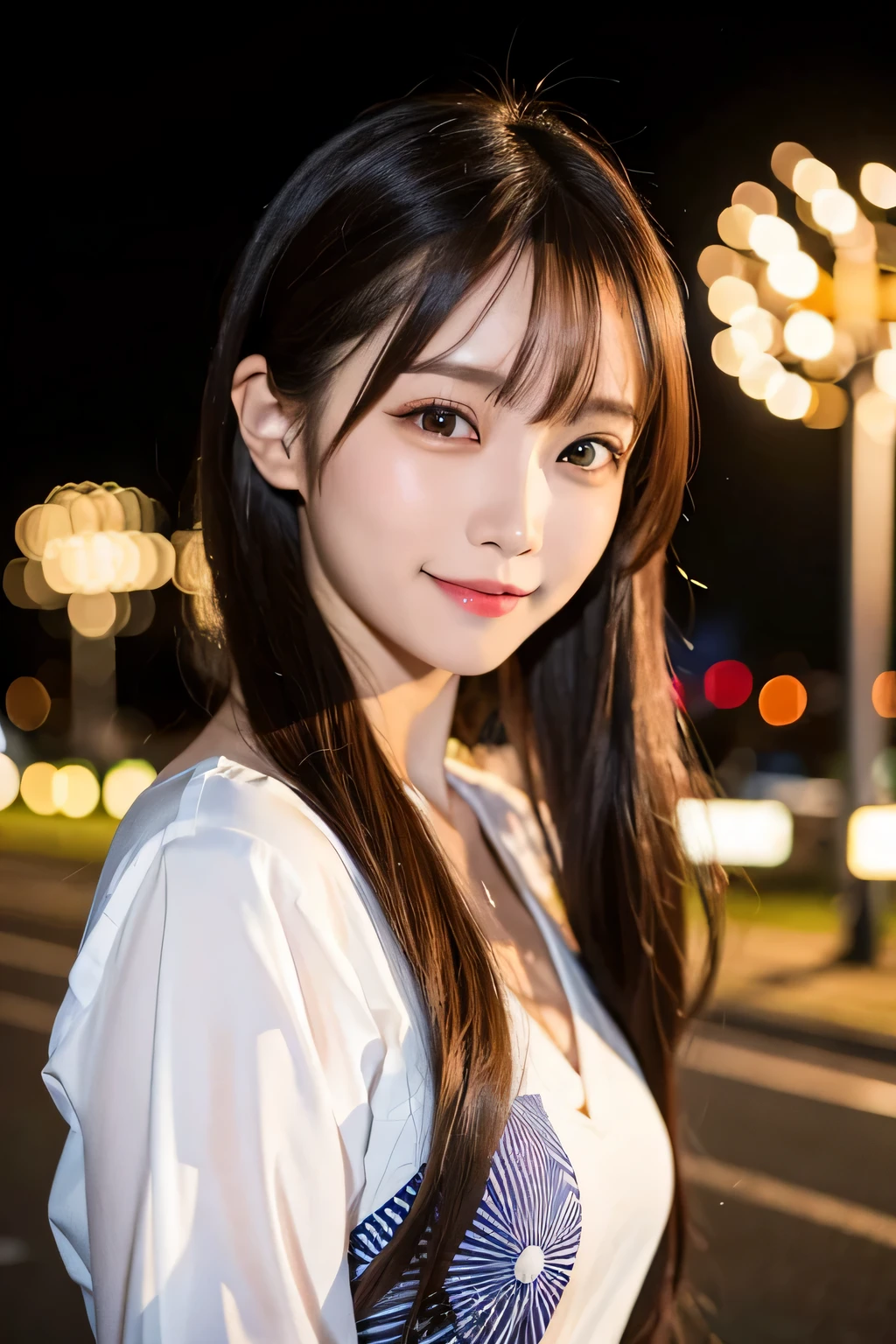table top, highest quality, shape, Super detailed, finely, High resolution, 16k, perfect dynamic composition, straight hair, medium hair, brown hair,natural color lip, smile, 20歳のgirl、cute、beautiful、完璧でbeautiful顔, beautiful and detailed face, slim face and body, Elegant face, KPOP idol face、Japanese idol faces、small face、Big eyes, brown eyes, droopy eyes, 緻密でbeautiful目, girl、yukata、 front face、Upper body, summer night, Along the river or in the park, Brilliant Fireworks