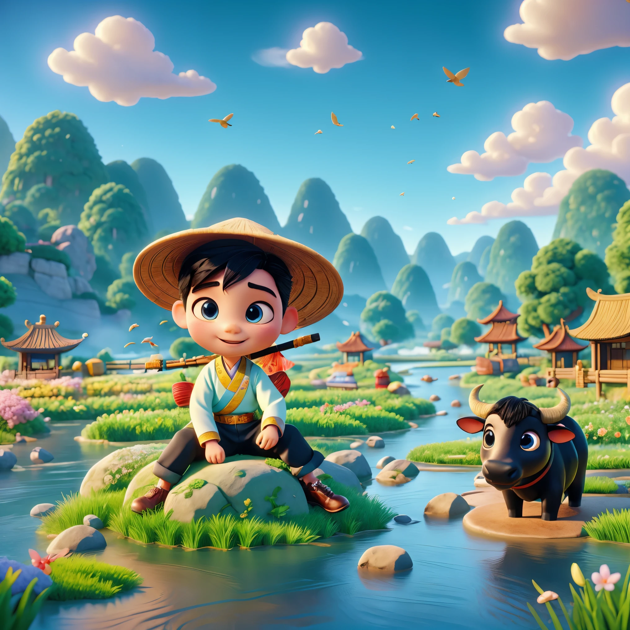 During the Qingming Festival, a gentle rain, an adorable Chinese boy in light-colored Hanfu and wearing a straw hat is sitting atop a black bull, playing a flute, reminiscent of characters from Pop Mart. They are in a field with a river, grasslands, and distant mountains, under a sky with circling birds, depicting vibrant spring life. The boy is rendered in a Disney Pixar style, with big, watery eyes and vivid colors. The scene uses ray tracing and octane rendering techniques for a wide-angle view, with clay-like textures and dynamic, animated lighting. This 3D artwork is created with C4D, OC rendering, and Blender, showcasing rich details and high quality.