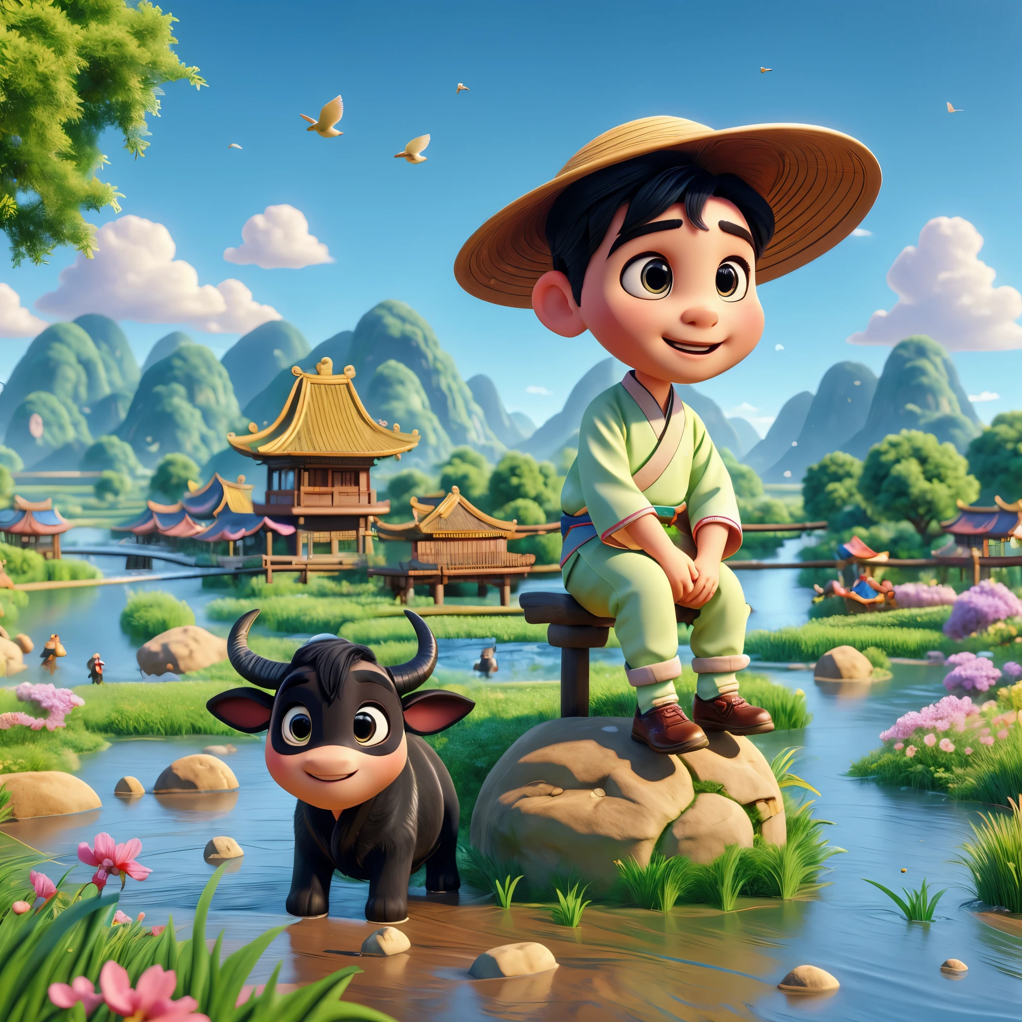 During the Qingming Festival, a gentle rain, an adorable Chinese boy in light-colored Hanfu and wearing a straw hat is sitting atop a black bull, playing a flute, reminiscent of characters from Pop Mart. They are in a field with a river, grasslands, and distant mountains, under a sky with circling birds, depicting vibrant spring life. The boy is rendered in a Disney Pixar style, with big, watery eyes and vivid colors. The scene uses ray tracing and octane rendering techniques for a wide-angle view, with clay-like textures and dynamic, animated lighting. This 3D artwork is created with C4D, OC rendering, and Blender, showcasing rich details and high quality.