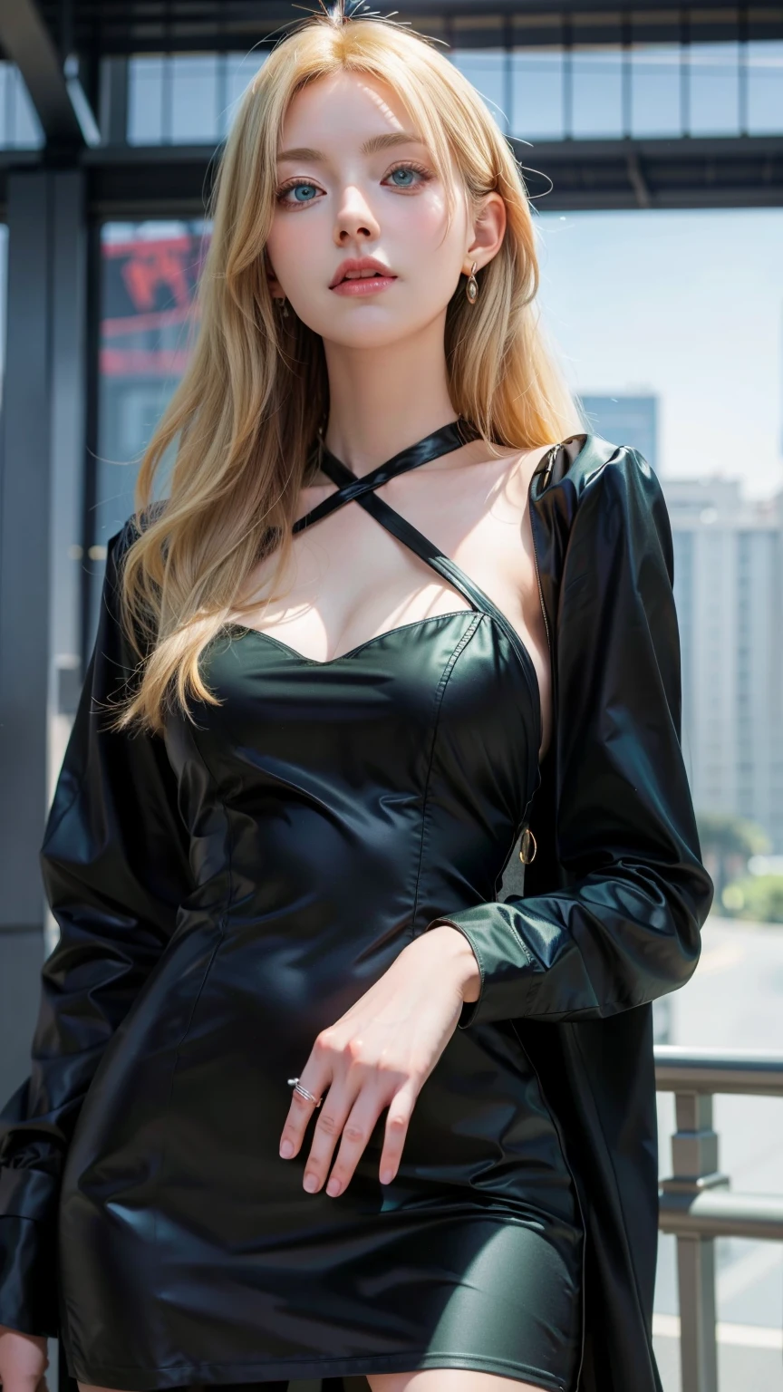 a cartoon of a woman in a black dress posing for a picture, anime girl wearing a black dress, she is wearing a black dress, cell shaded adult animation, revealing clothes, blonde anime girl with long hair, revealing outfit, anya from spy x family, seductive anime girl,  in dress, looking like annie leonhart, gwen stacy, realistic shaded perfect body, photorealistic 1:4, hyper realistic, masterpiece, green eyes, dramatic lighting 