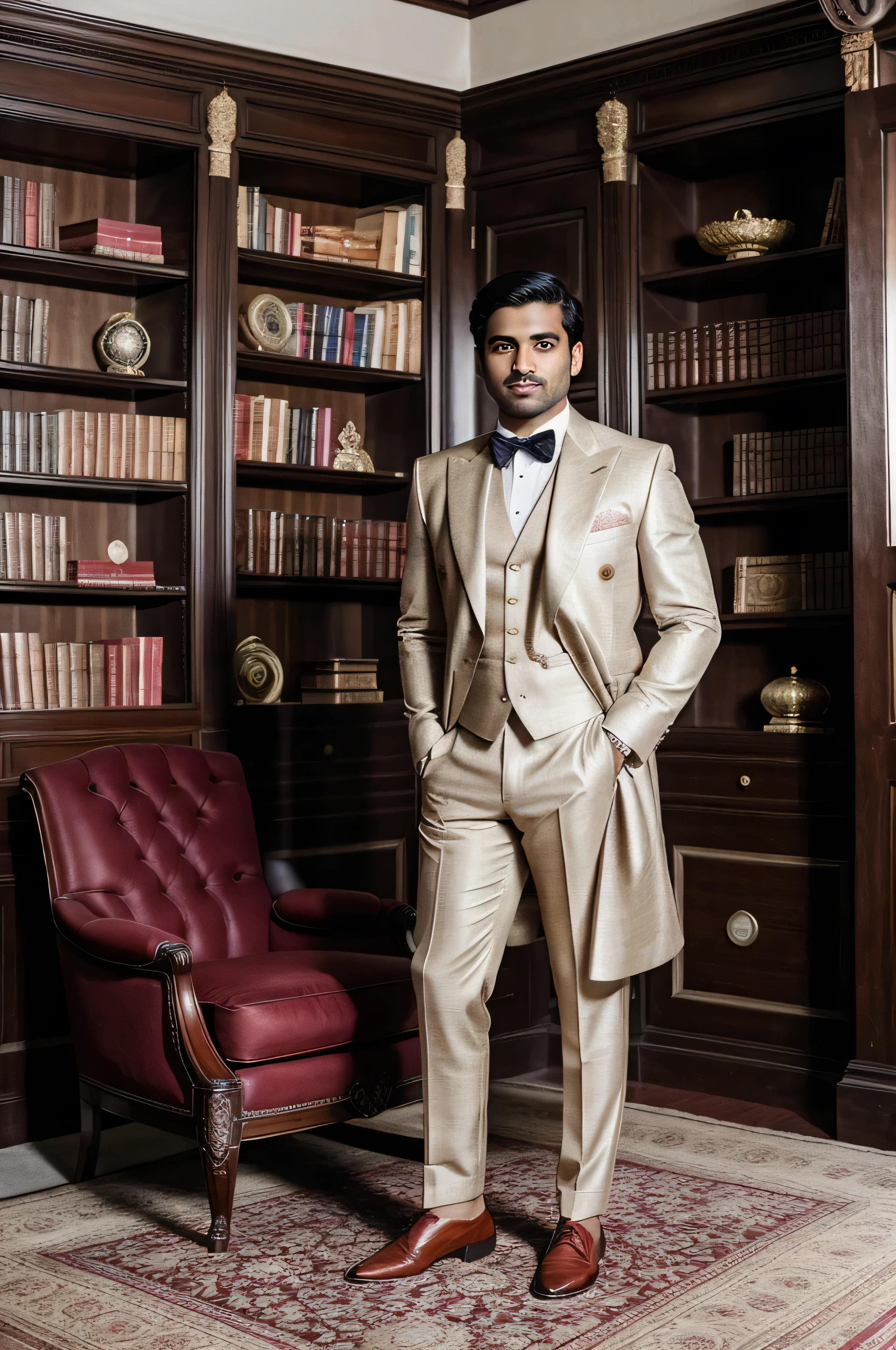 A 30-year-old very smart Indian man with an old-money aesthetic, dressed in bespoke tailored suits with subtle but luxurious accessories, exuding an air of sophistication and confidence, standing in a lavish study adorned with mahogany furniture, antique Persian rugs, and shelves lined with leather-bound books, illuminated by the warm glow of vintage lamps, capturing the essence of refined elegance and wealth, Photography, high-resolution DSLR with a prime lens, f/2.8 aperture, --ar 16:9 --v 5