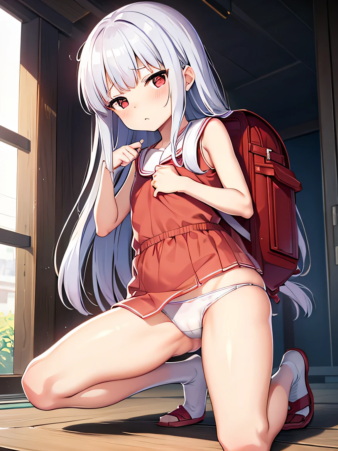 yukimi, 10., long hair, dull bangs, flat chest, No expression, shy, whole body, highest quality, (randoseru red backpack:1.4), Platform at a crowded station、There are a lot of guys around、In underwear、angle from below、kneel down、(small area white panties:1.4)、(masturbation:1.4)、(put your hand inside your pants:1.4)、Striped pattern、embarrassing、Transparent、