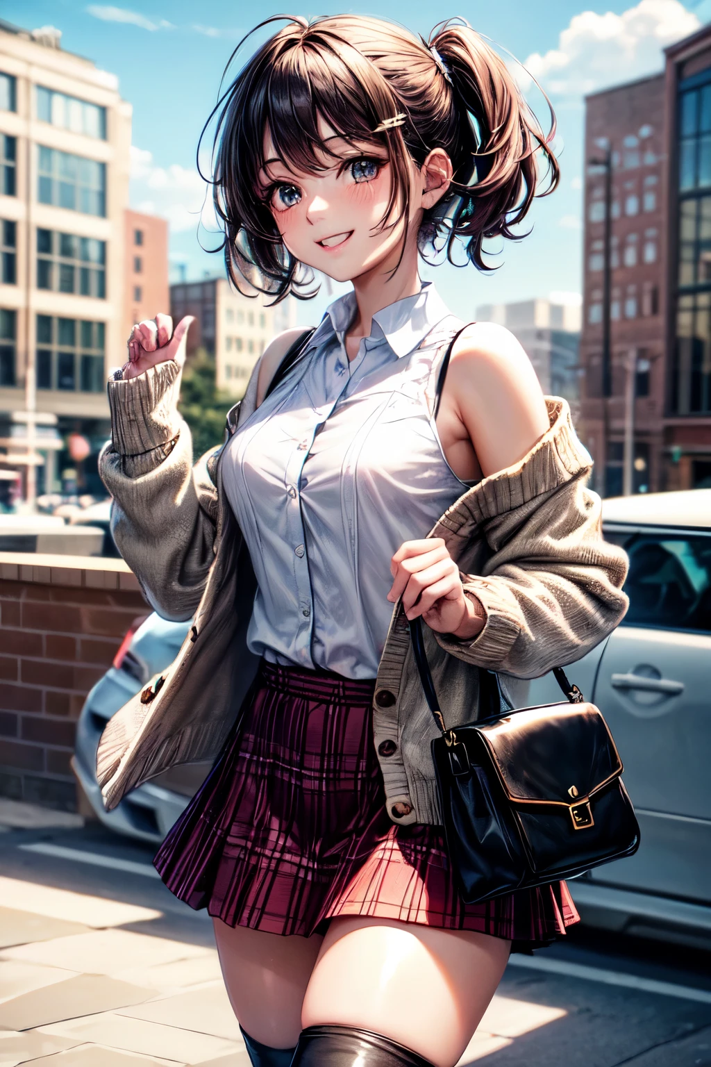 very cute and beautiful girl,teen,(highly detailed beautiful face),(white blouse),(smile),happy,
(beige cardigan:1.2) BREAK (brown shoulder bag),(brown plaid mini skirt:1.2),zettai ryouiki,
stylish pose,hair ornament,black hair,black boots,outdoor cafeteria,downtown,
(best quality,masterpiece:1.2),absurdres,highres,ultra-detailed,extremely detailed,32k,8k resolution,
intricate details,cinematic scene,detailed background,solo,dynamic angle,
hair fluttering in the wind,beautiful detailed sky,perfect hands,