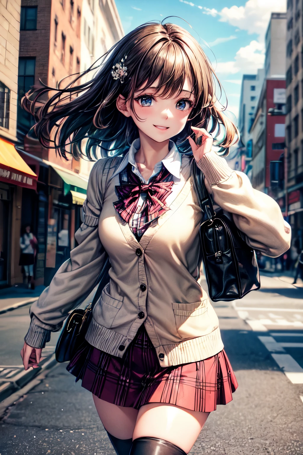 very cute and beautiful girl,(highly detailed beautiful face),(white blouse),(smile),happy,
(beige cardigan:1.2) BREAK (brown shoulder bag),(brown plaid mini skirt:1.2),zettai ryouiki,
stylish pose,hair ornament,black hair,black boots,outdoor cafeteria,downtown,
(best quality,masterpiece:1.2),absurdres,highres,ultra-detailed,extremely detailed,32k,8k resolution,
intricate details,cinematic scene,detailed background,solo,dynamic angle,
hair fluttering in the wind,beautiful detailed sky,perfect hands,