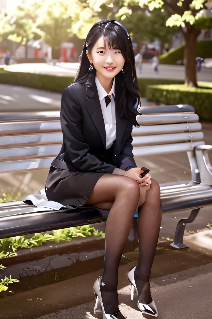 A neat and beautiful woman sitting on a park bench、knee length skirt、black tights、pumps、refreshing smile、full body photo、black hair