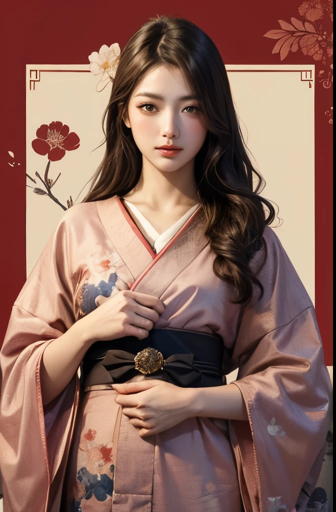 (Masseter muscle film、top quality、Ukiyo-e style、mystery、Exquisite and beautiful、official art、Sharaku:1.2)、(1 girl in:1.3)、(Fractal art:1.3)、cowboy shooting、fair skin、(beautiful brunette、kimono:1.2)、Set against the backdrop of traditional Japanese performing arts、colorful、(reel、Belongs to Japanese style:1.2)、