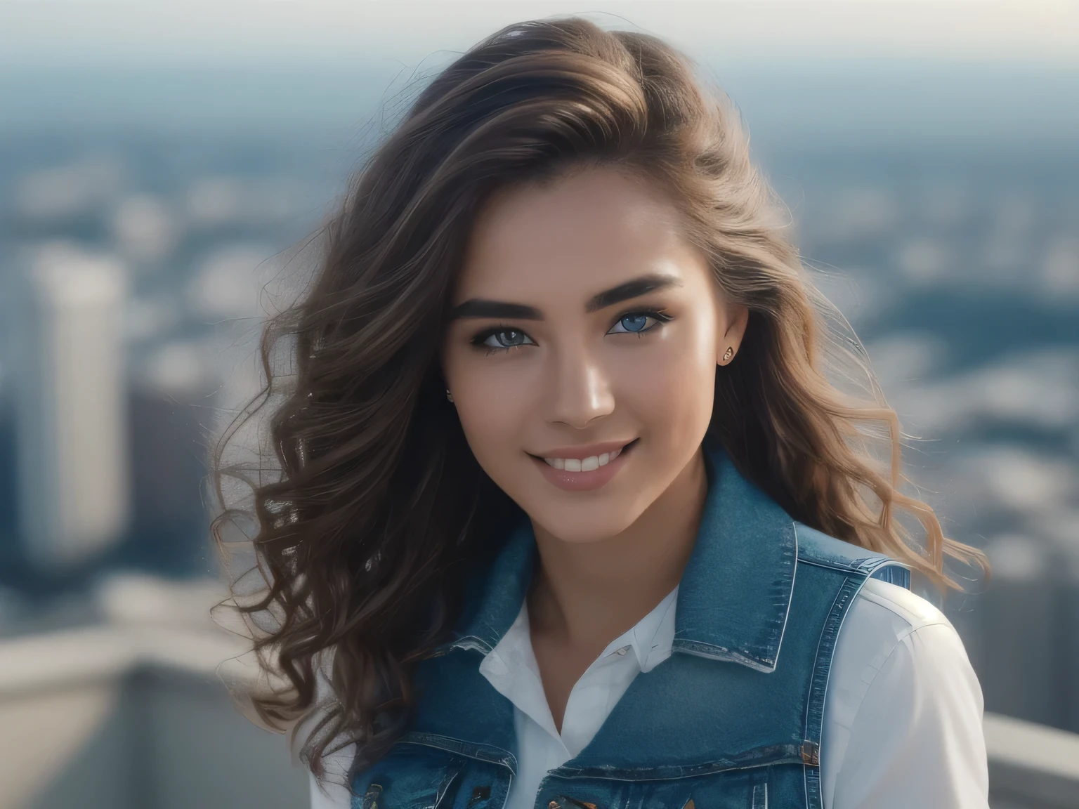(raw, simulation, Nikon Z 14mm ultra wide angle lens, Award-winning glamor photos, ((best quality)), ((masterpiece)), ((actual)), skin pores, subsurface scattering, radiant light, high resolution, Detailed facial features, high detail, sharp focus, Smooth, Aesthetic, Very detailed, (Very detailed eyes, Very detailed iris), Very detailed hair, Very detailed skin, Very detailed clothes, octane rendering, photoactual, actual, post processing, Maximum details, actual shadows, Roughness, natural skin texture, real life, ultra-actual, photorealism, photography, 8K Ultra HD, photography, high dynamic range, complicated, elegant, Very detailed, sharp focus, Astonishing, beautiful, Gorgeous artwork:1.2, best quality1:1, super detailed:1.2, best shadow, 8k:1.1), (big city:1.3, roof:1.1, city buildings below, armrest), (contrast background, bright background), (beautiful detailed face), high contrast, (perfect lighting:1.2, beautiful color, Delicate colors), ((movie lighting)), colorful, Super detailed, dramatic light, complicated details, (1 girl, alone, brown hair, smiling face, long hair, curls:0.5, blue eyes, dynamic angle, white vest, jeans, cowboy shooting, arms down), depth of field