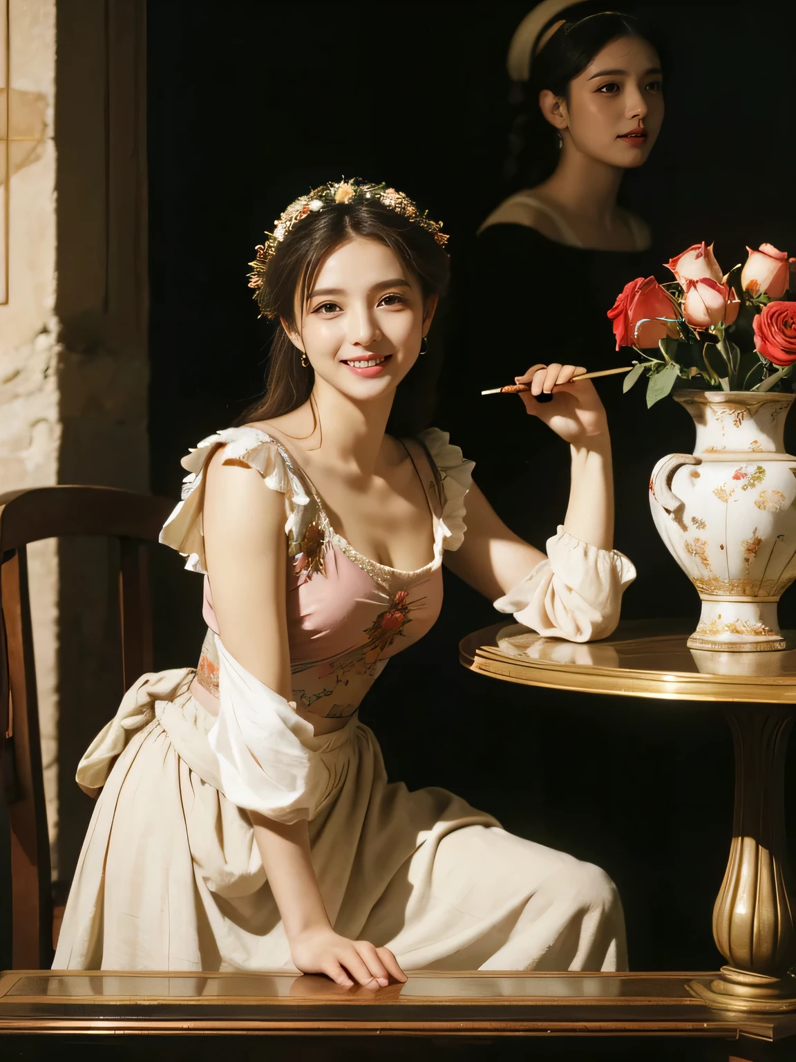 Raffaello Santi painting style,Arguments of two female 、roses in vase、fruits、Cute trinkets、smile、ancient greek costume、Woman standing on ancient Roman ruins ,A big smile