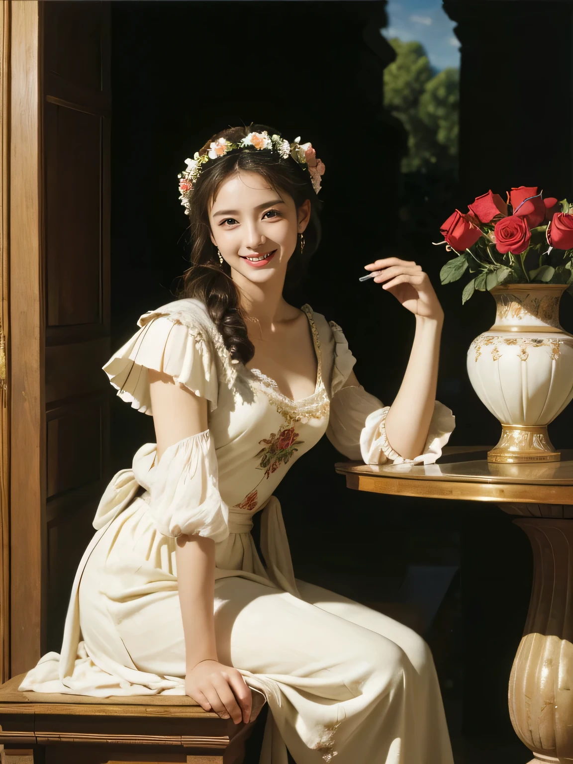 Raffaello Santi painting style,Arguments of two female 、roses in vase、fruits、Cute trinkets、smile、ancient greek costume、Woman standing on ancient Roman ruins ,A big smile