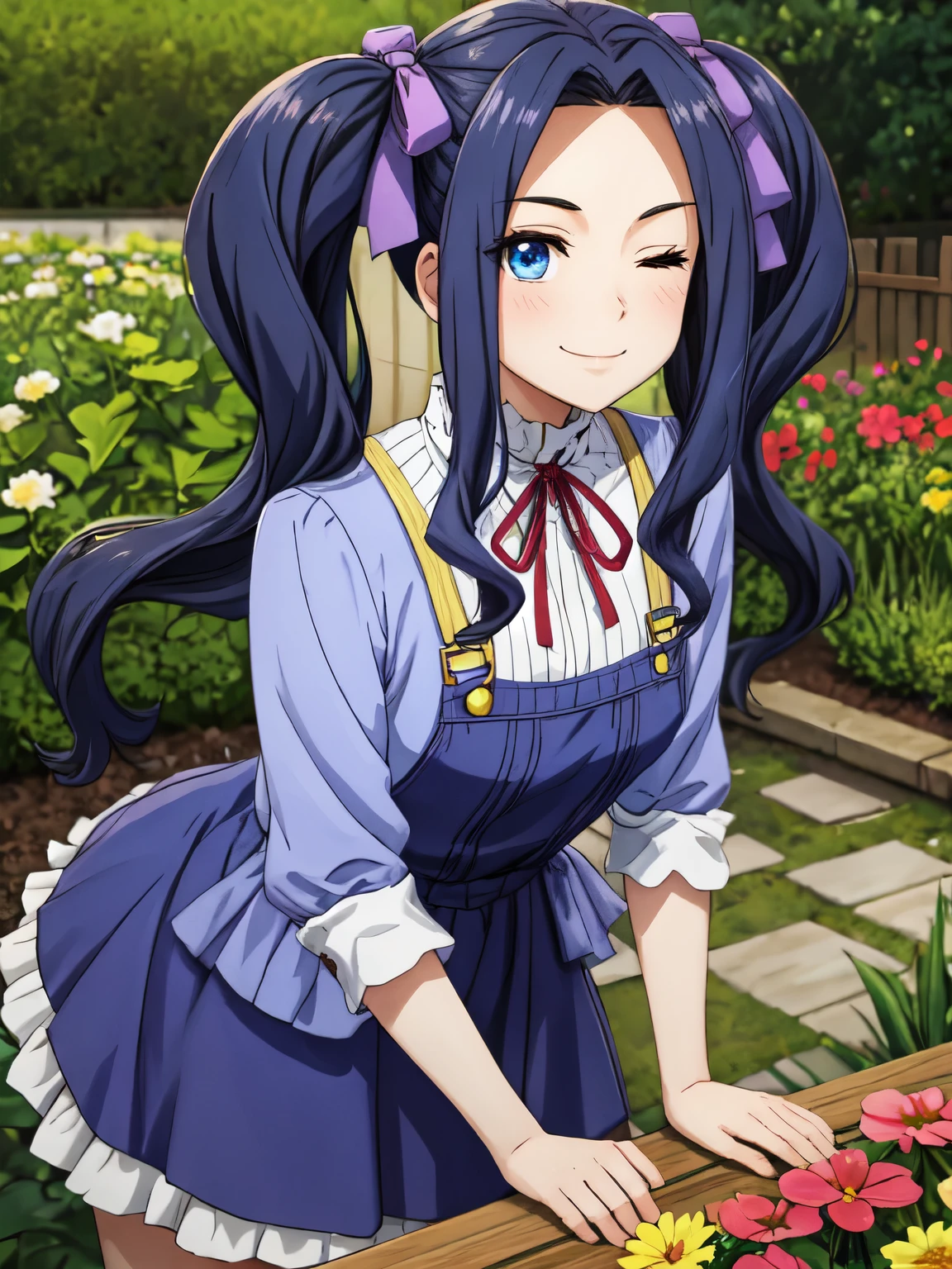 Super detailed, High resolution,[8k images:1.15],garden、long hair overall,anime style girl, 1 girl, smile、blue eyes, eyes visible through hair, I can see your eyes through your hair、closed mouth、hair intake, bangs, purple hair, bangs, amount, very long hair, twin tails, parted bangs, hair ribbon, hair ribbon, dress, long sleeve, blue dress, neck ribbon, skirt、garden、flower々が咲くgarden, highest quality, High resolution,cowboy shot、leaning forward、