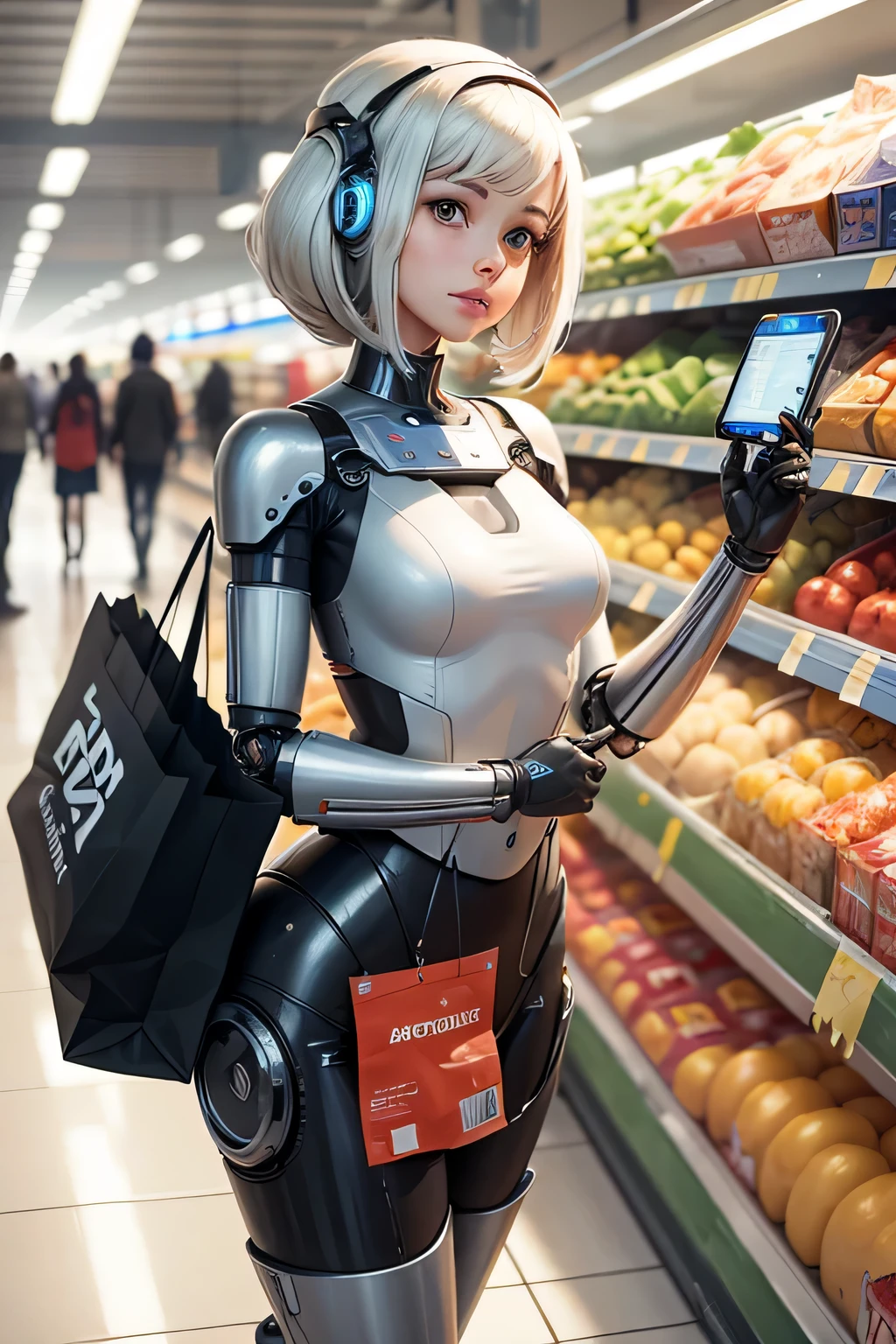 Female robot enjoying shopping at the supermarket Machine body mechanical limbs The background is inside a supermarket