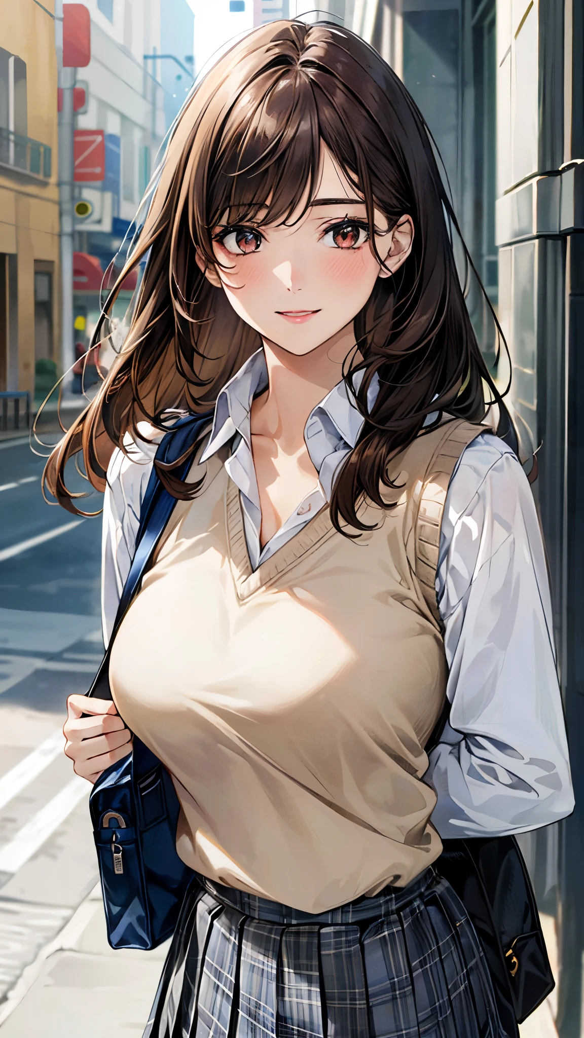 (masterpiece:1.3, top-quality), ultra high res, ultra detailed, (realistic, photorealistic:1.4), beautiful illustration, perfect lighting, colorful, depth of fields, 
looking at viewer, (face focus, upper body), 1 girl, solo, hight school girl, gravure model, (large breasts:0.8, large ass, seductive thighs, skindentation),
(long hair:1.2, straight hair:1.2, (saddle-brown colored) hair), asymmetrical bangs, (brown) eyes, drooping eyes, big eyes, shiny skin, slender, 
beautiful hair, beautiful face, extremely detailed face, beautiful detailed eyes, beautiful clavicle, beautiful body, beautiful chest, beautiful thigh, beautiful legs, beautiful fingers, 
(detailed cloth texture, grey plaid tie, (navy knit vest), collared long sleeve white shirt, grey plaid pleated skirt), black socks, white panties, black school bag,
(beautiful scenery), morning, (downtown), walking, (lovely-smile), 