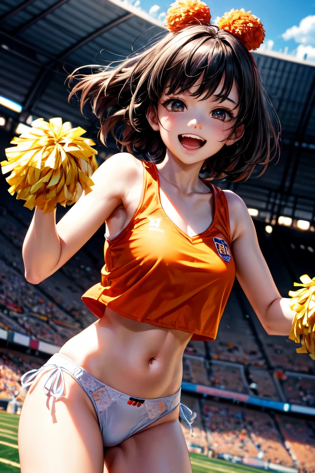 very cute and beautiful cheerleader girl,(highly detailed beautiful face),(holding pom poms:1.12),(laugh), (stadium stands),cowboy shot,dynamic pose,(white panties),(sleeveless orange shirt),beautiful legs,looking at viewer,black hair, (best quality,masterpiece:1.2),absurdres,highres,ultra-detailed,extremely detailed,32k,8k resolution, intricate details,cinematic scene,detailed background,solo,dynamic angle, hair fluttering in the wind,beautiful detailed sky,