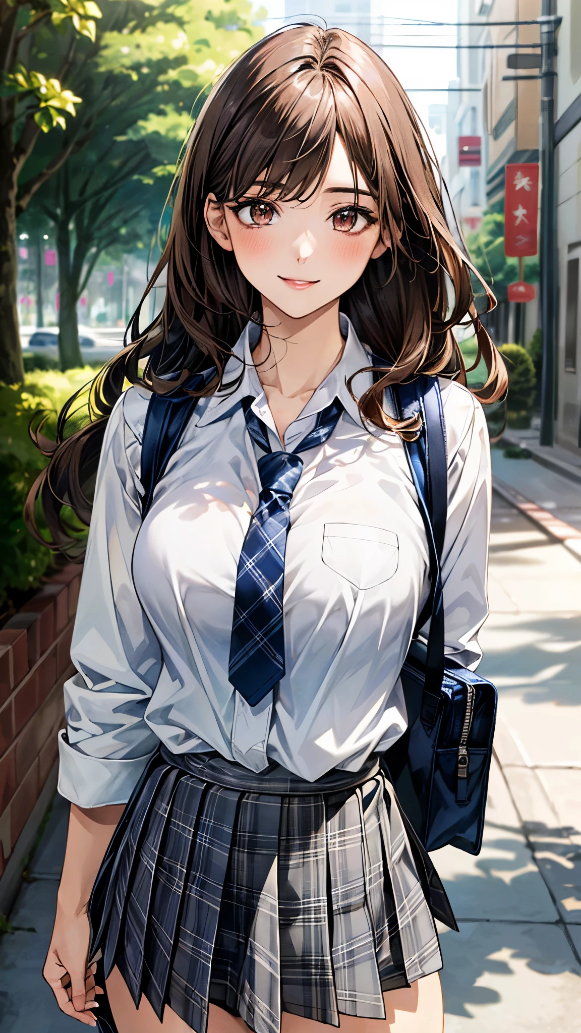 (masterpiece:1.3, top-quality), ultra high res, ultra detailed, (realistic, photorealistic:1.4), beautiful illustration, perfect lighting, colorful, depth of fields,
looking at viewer, (face focus, upper body), 1 girl, solo, hight school girl, gravure model, (large breasts:0.8, large ass, seductive thighs, skindentation),
(long hair:1.2, straight hair:1.2, (saddle-brown colored) hair), asymmetrical bangs, (brown) eyes, drooping eyes, big eyes, shiny skin, slender,
beautiful hair, beautiful face, extremely detailed face, beautiful detailed eyes, beautiful clavicle, beautiful body, beautiful chest, beautiful thigh, beautiful legs, beautiful fingers,
(detailed cloth texture, grey plaid tie, (navy knit vest), collared long sleeve white shirt, grey plaid pleated skirt), black socks, white panties, black school bag,
(beautiful scenery), morning, (downtown), walking, (lovely-smile),