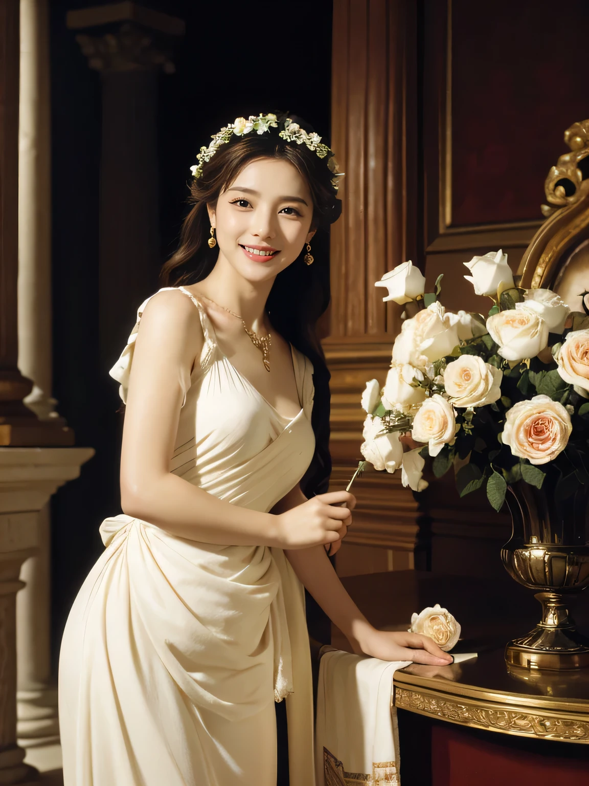 Raffaello Santi painting style,Arguments of two female 、roses in vase、fruits、Cute trinkets、smile、ancient greek costume、Woman standing on ancient Roman ruins ,A big smile