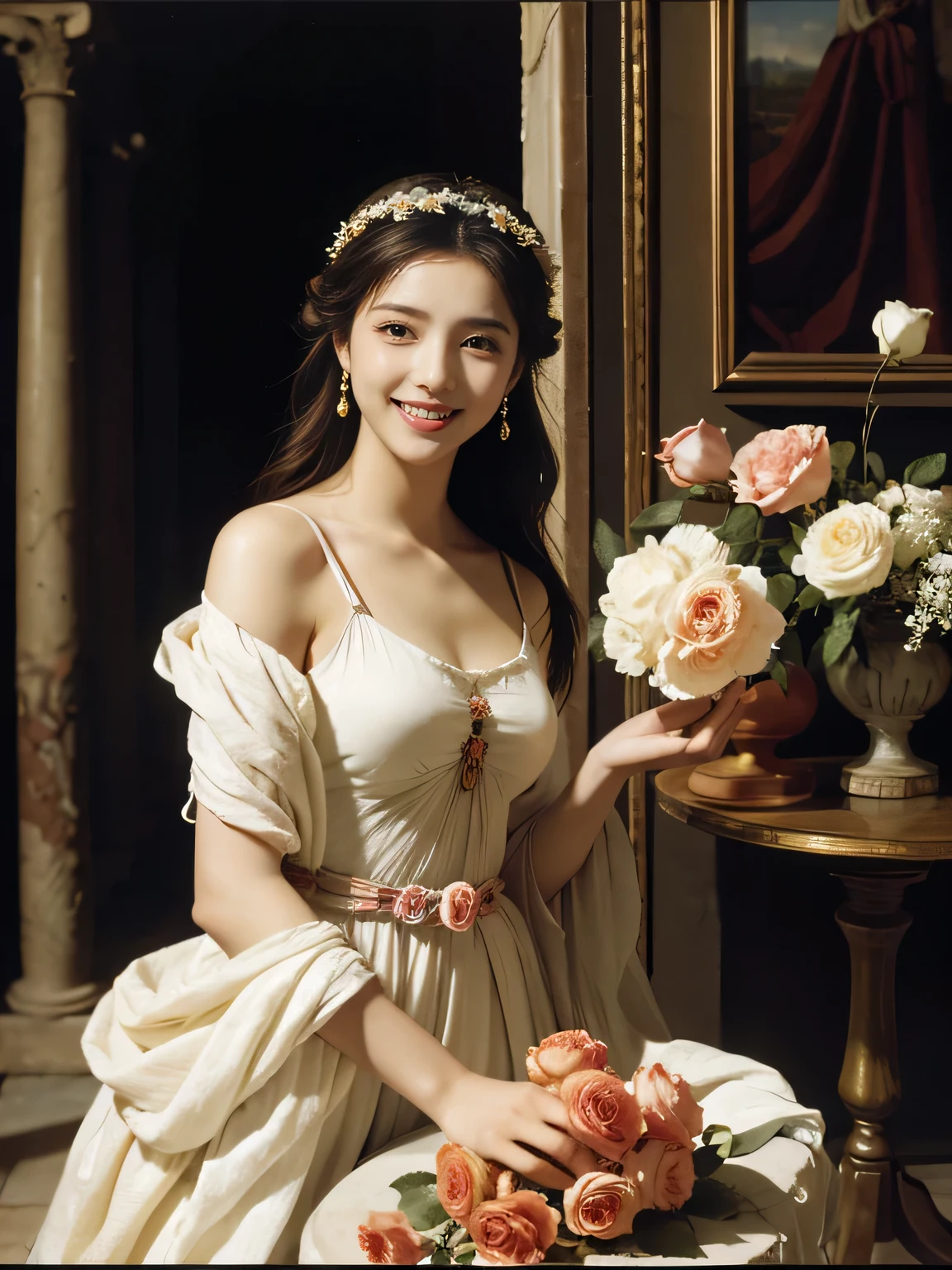 Raffaello Santi painting style,Arguments of two female 、roses in vase、fruits、Cute trinkets、smile、ancient greek costume、Woman standing on ancient Roman ruins ,A big smile