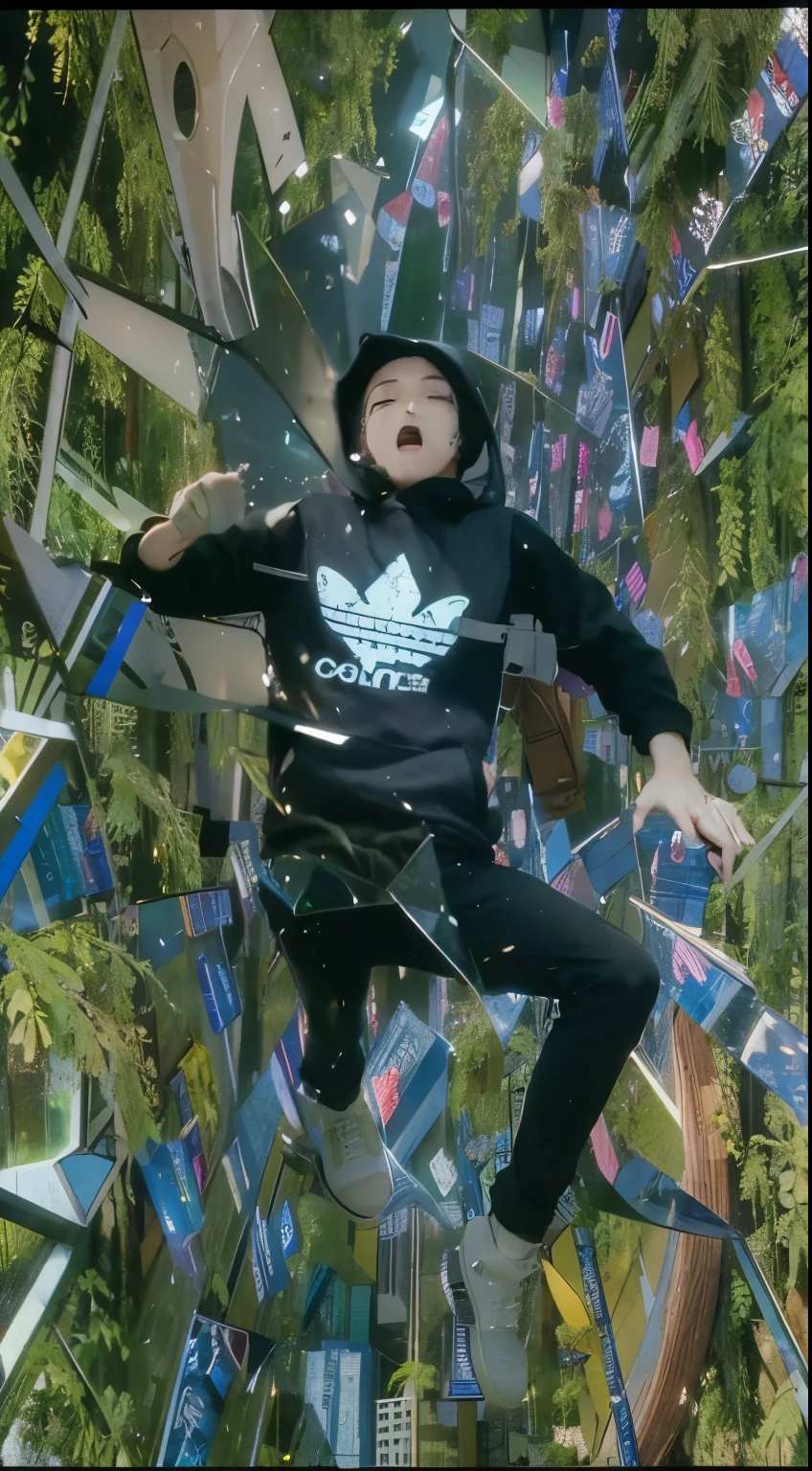 A man wearing a hoodie hat falling from clouds breaking shining glass