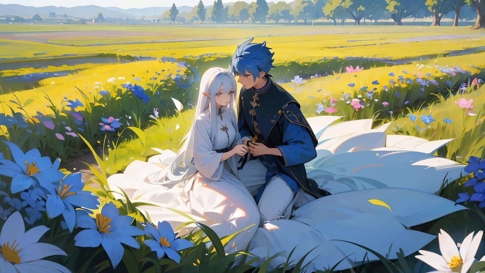 Field of Flowers, a brave blue-haired human male is putting a ring on a white-haired, long-eared female mage.
