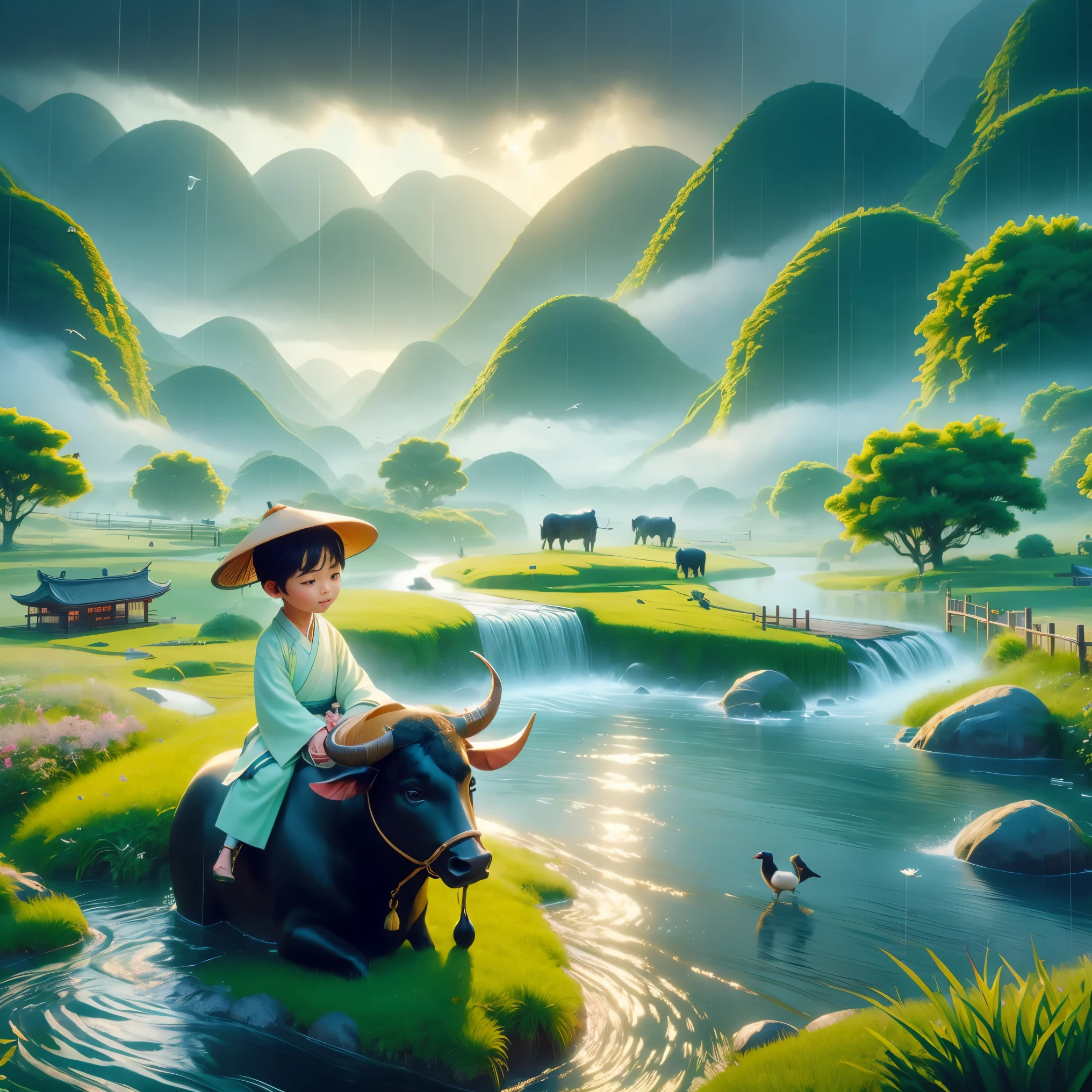 In a gentle, drizzling rain characteristic of Qingming Festival, a charming scene unfolds: a cute Chinese boy, clad in light-colored Hanfu with a straw hat, lies atop a black bull, leisurely chewing on a straw. Surrounded by a lush, verdant field with a flowing river, grasslands, and distant mountains, the atmosphere is serene. Birds glide in the misty sky. This tableau is rendered in a vivid Disney Pixar style, featuring the boy with large, watery eyes. The scene is brought to life with ray tracing and octane rendering techniques, showcasing clay-like textures and dynamic, animated lighting. Created using 3D C4D and Blender for ultra-high definition at 8K resolution, this blend of traditional charm and modern animation techniques captures the tranquil and reflective essence of Qingming, all while adhering to IP authorization for the highest quality visualization.