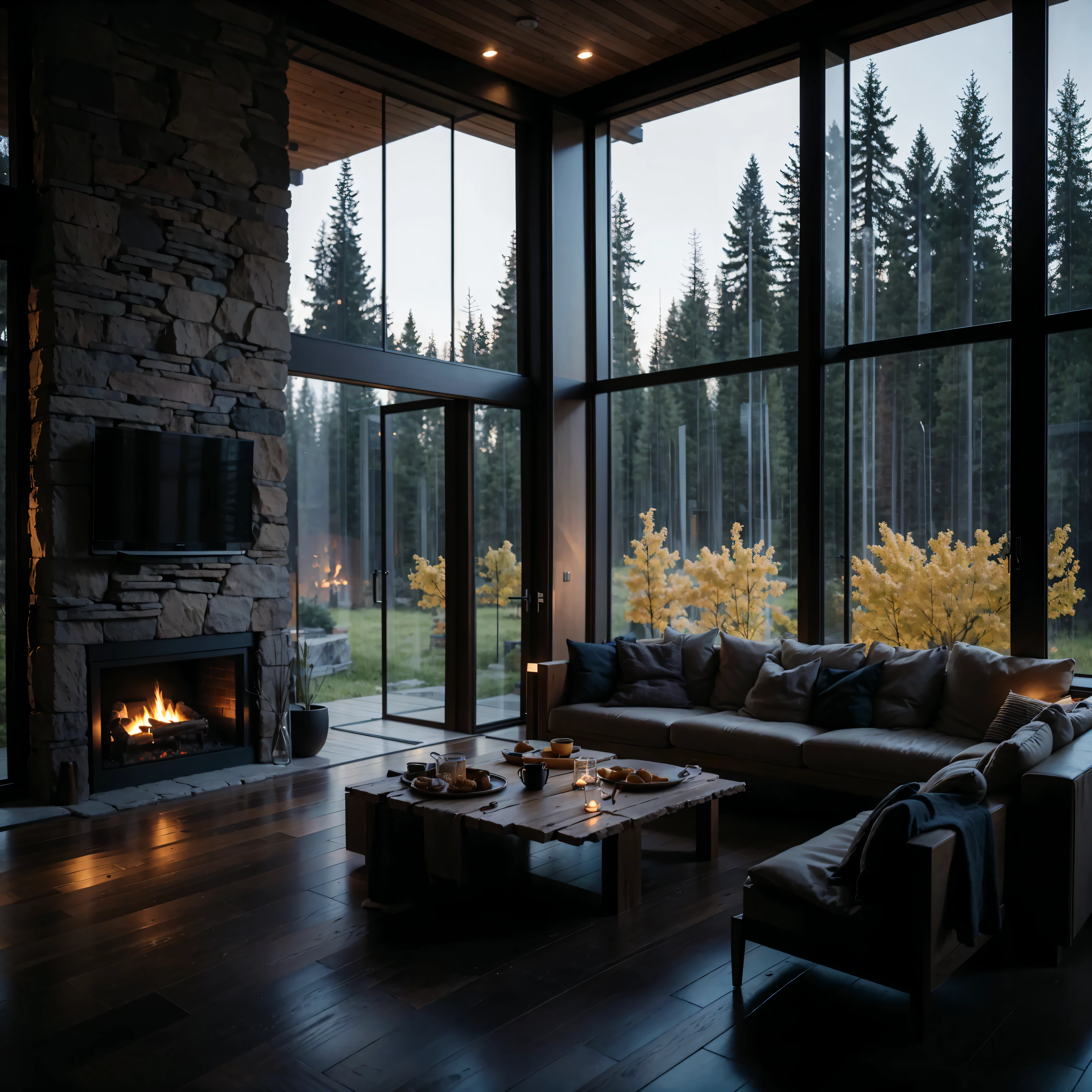 THIS EVENING WOODEN CABIN LIVING ROOM ANIME BACKGROUND, (COZY ATMOSPHERE), (SUBTLE LIGHTING), BRIGHT STONE FIREPLACE FIRE, LIONSKIN RUG THIS EVENING BEST QUALITY, TRANSPARENT GLASS WINDOWS