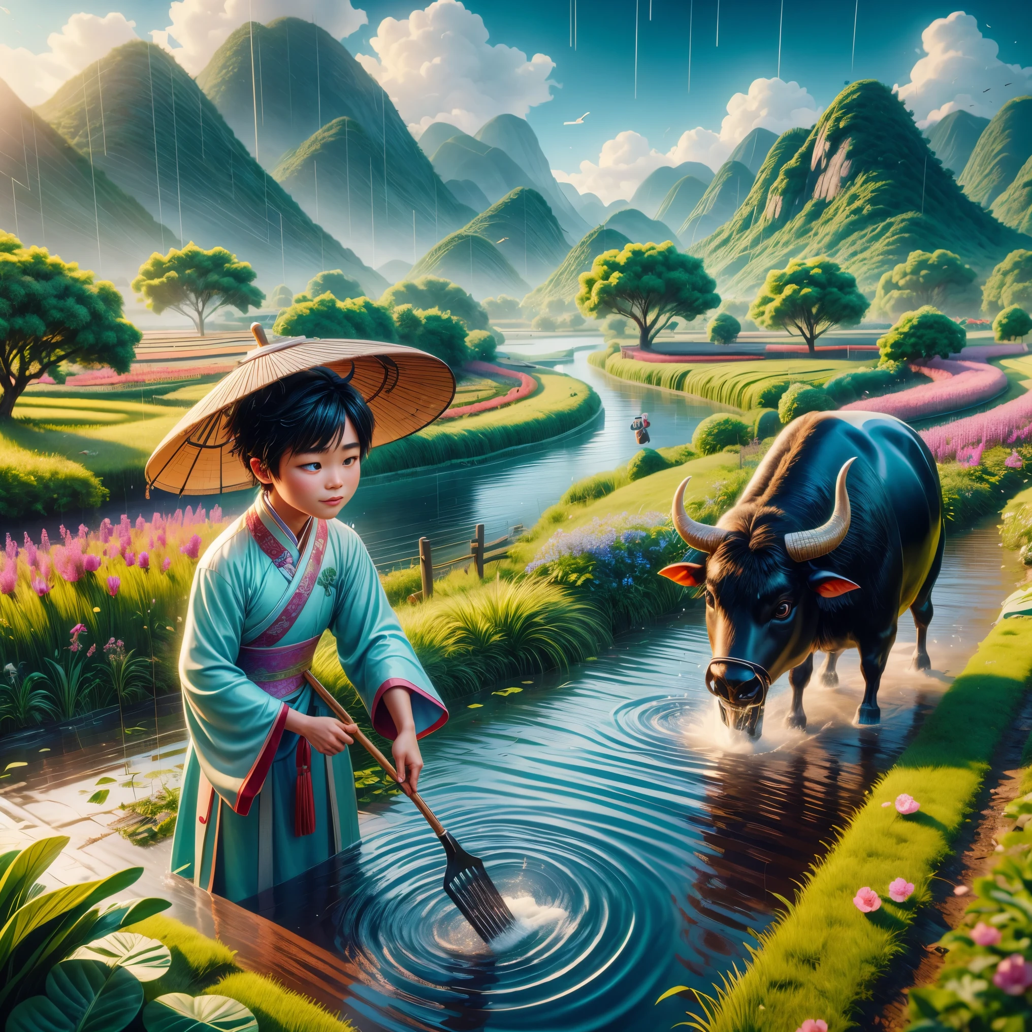 During the Qingming Festival, under a gentle rain, an adorable Chinese boy in light-colored Hanfu is engaged in planting vegetables with a hoe, while a black bull munches on grass nearby, reminiscent of characters from Pop Mart. The setting is a field with a river, grasslands, and mountains in the distance, under a sky where birds are soaring, symbolizing vibrant spring life. The character is designed in a Disney Pixar style, featuring big, watery eyes and bright colors. The scene utilizes ray tracing and octane rendering techniques to achieve a wide-angle perspective, clay-like textures, and dynamic, animated lighting. This 3D artwork is created using C4D and OC rendering, offering a vivid and high-quality depiction of this rich, pastoral scene.