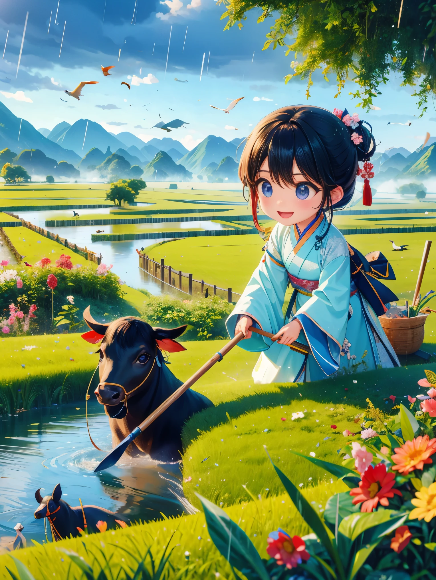 It rains during the Qingming season，A cute little Chinese boy，Dressed in light-colored Hanfu，Planting vegetables with a hoe，A black cow eats grass，From Bubble Mart。she is in the fields，River in the distance、grassland，There are mountains in the distance，Birds circling in the sky，Green onions。Characters in vector illustration style，watery eyes，Bright colors，wide angle view