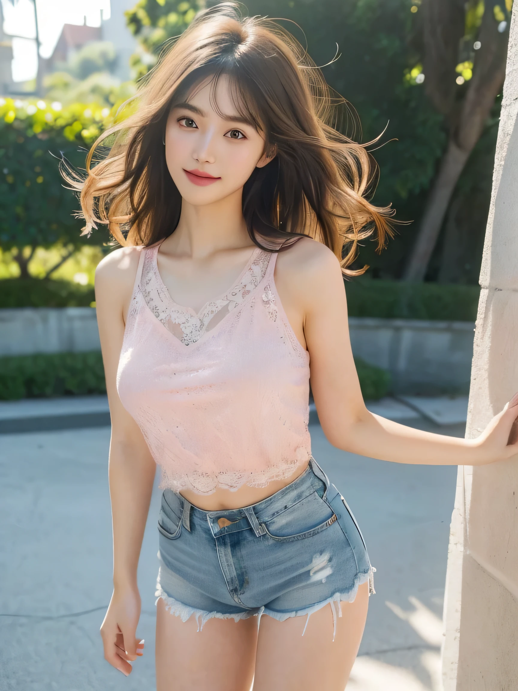(top-quality、16K resolution) 1 girl、solo、natural soft light、Looking at the camera、sexy tanktop、Concrete background、Facing the front、is walking、long hair、Woman in her late teens、Light bangs、short-hair、Salon model、Natural look、portlate、floated hair、Rolled hair, sexy blue jean, pink shoes, background forest,big breast , full body, sexy legs
