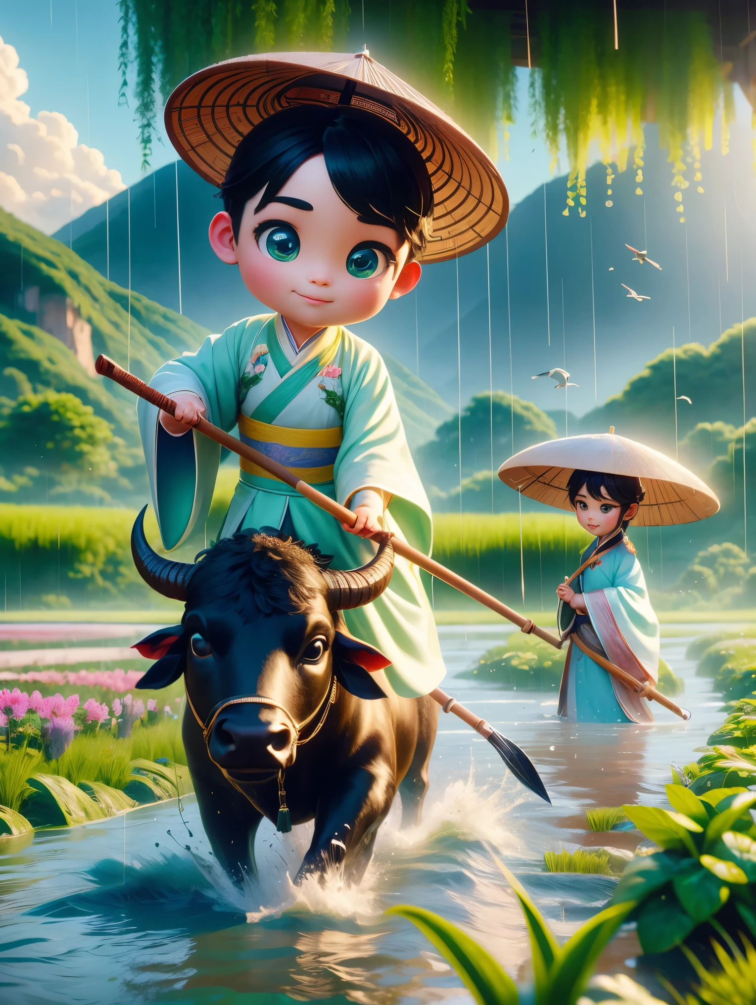 During the Qingming Festival, under a gentle rain, an adorable Chinese boy in light-colored Hanfu is engaged in planting vegetables with a hoe, while a black bull munches on grass nearby, reminiscent of characters from Pop Mart. The setting is a field with a river, grasslands, and mountains in the distance, under a sky where birds are soaring, symbolizing vibrant spring life. The character is designed in a Disney Pixar style, featuring big, watery eyes and bright colors. The scene utilizes ray tracing and octane rendering techniques to achieve a wide-angle perspective, clay-like textures, and dynamic, animated lighting. This 3D artwork is created using C4D and OC rendering, offering a vivid and high-quality depiction of this rich, pastoral scene.
