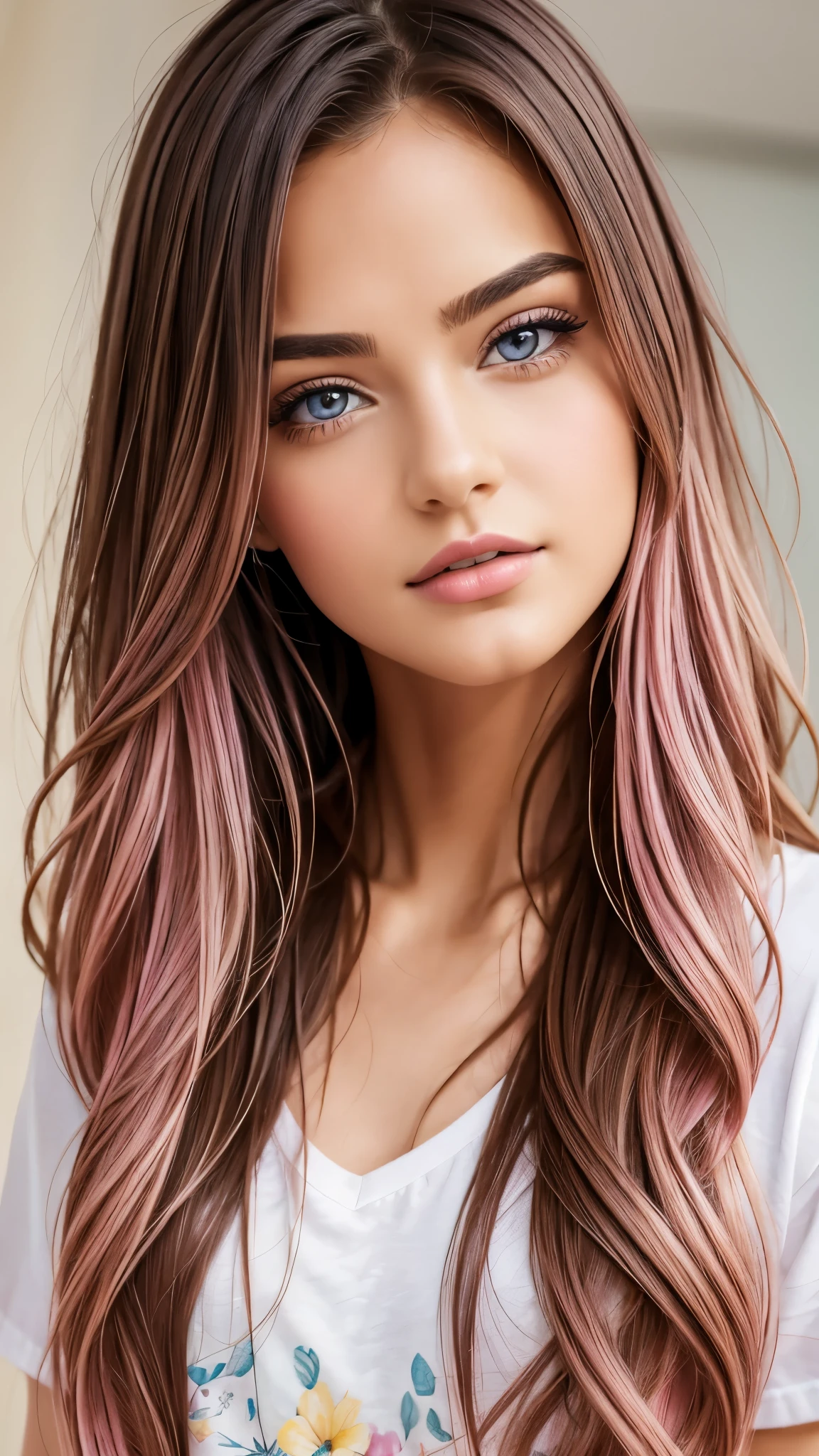 (masterpiece),(best quality:1.1),(ultra-detailed),best illustration,finely detail,(portrait:1.1),(intense close-up),watercolor drawing)floating,1girl,solo,,slim,(extremely delicate and beautiful face),(detailed pink eyes),pink thick lips,(disheveled hair),(wearing a baggy T-shirt),soft and lazy,(simple background:1.2)whole colored background,clear,4K