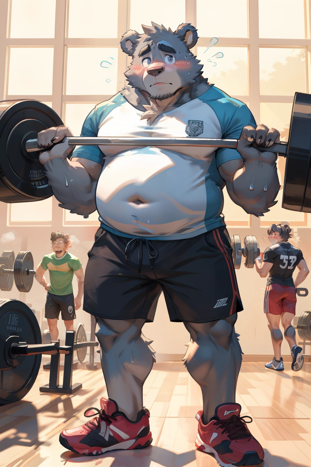 Gray Bear Man, social fear, blush, Looking shyly at the camera, sweat, weightlifting, Gym, short sleeves, shorts, sports shoes, Slightly fat