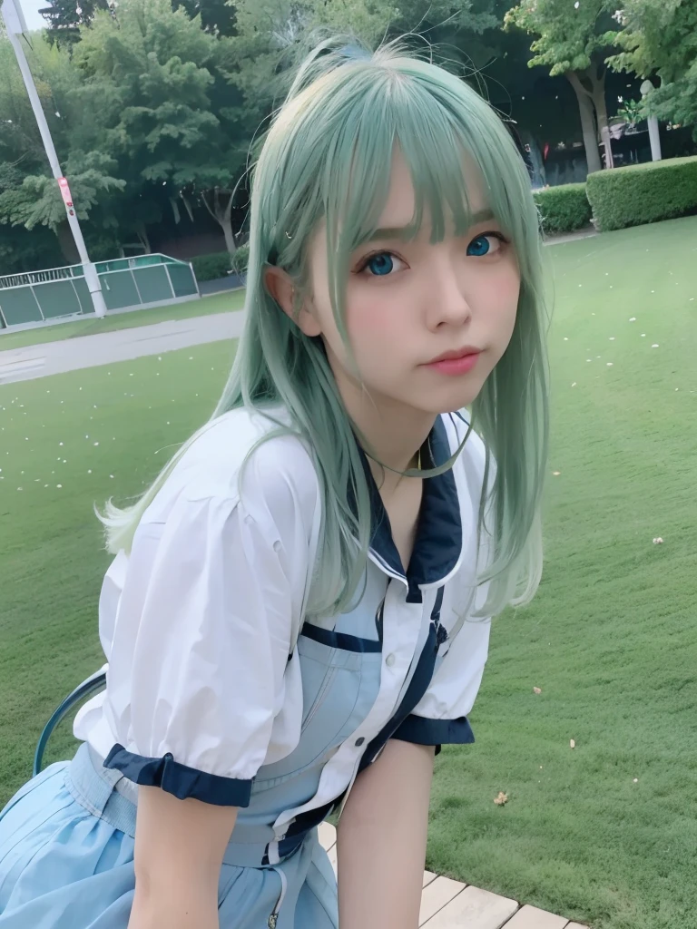 super detailed, 1 girl, 18-year-old, medium breasts, light green hair, blue eyes, long hair, blush, straight, , leaning forward, Japanese、cute, Landscape, masterpiece, highest quality