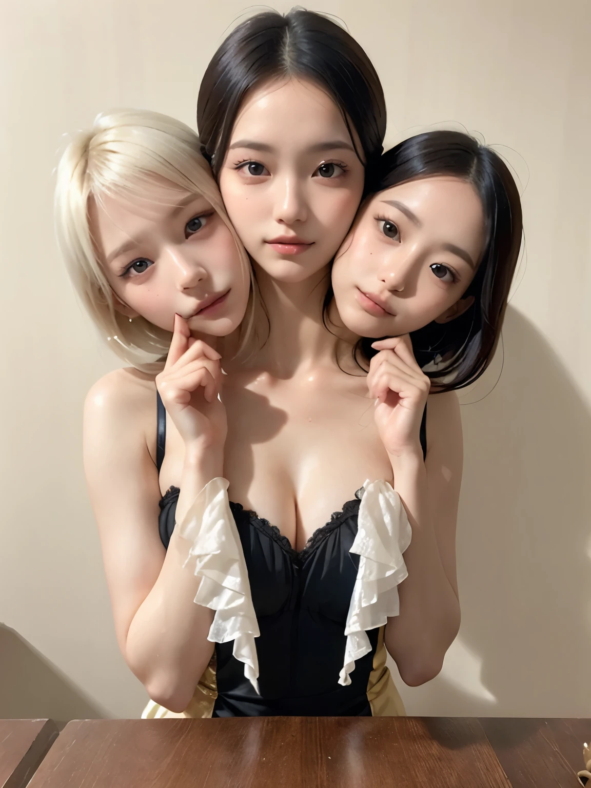 (Threeheads), (3heads:1.5),1girl, extra heads, Beautiful woman in fantastic space, long hair, Tight micro dress white and gold color, {{masutepiece}}, Best Quality, High quality:1.4), {{[[front look}}, Various photo actions)]], Very Clean Face, And very pretty eyes, Cute Images, Cute Images, {{A half body}}, {{{{{{{{Long legs}}}}}}}}, {{{{slim }}}}, {{{{{{Tall Woman}}}}}}, {{Height 177 cm}}, Solo, Beautiful, lovely, Adorable, pale skin, {{18〜22 year old Japan girl}}, Beautiful Japanese girl with platinum blonde hair with blue or green eyes), Young Japan girl, {{{{{{{{{{Half Girl}}}}}}}}}}, {{{{{{{{{{high_heels}}}}}}}}}},japanes