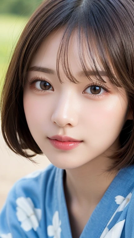 table top, highest quality, shape, Super detailed, finely, High resolution, 16k, perfect dynamic composition, straight hair, medium hair, brown hair,natural color lip, smile, 20歳のgirl、cute、beautiful、完璧でbeautiful顔, beautiful and detailed face, slim face and body, Elegant face, KPOP idol face、Japanese idol faces、small face、Big eyes, brown eyes, droopy eyes, 緻密でbeautiful目, girl, near the river、yukata、 frontal face、upper body