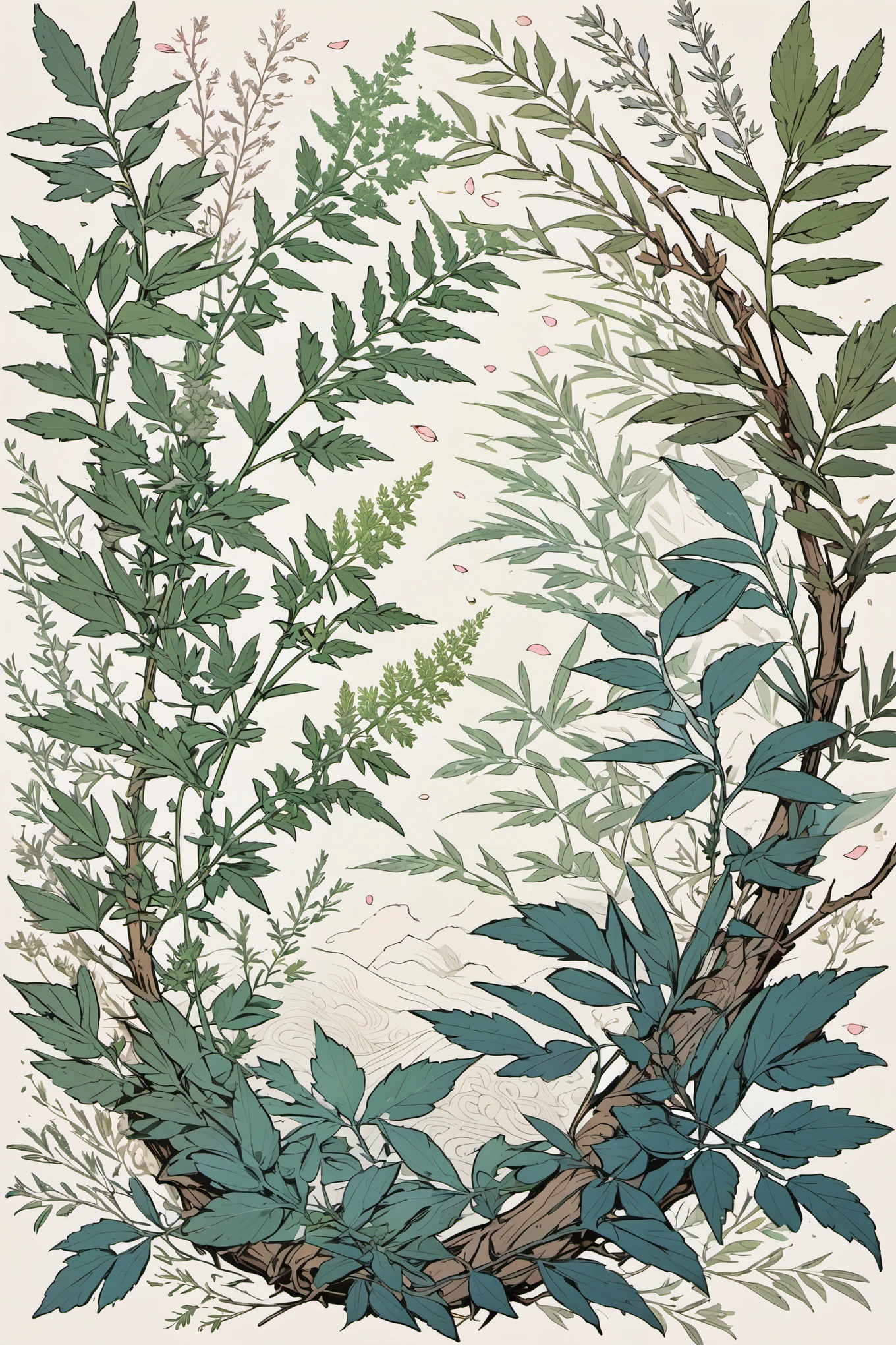 masterpiece,best quality,mugwort leaves woven into patterns,branch,leaves,petals,plant,tree,mugwort leaves,zen illustration,