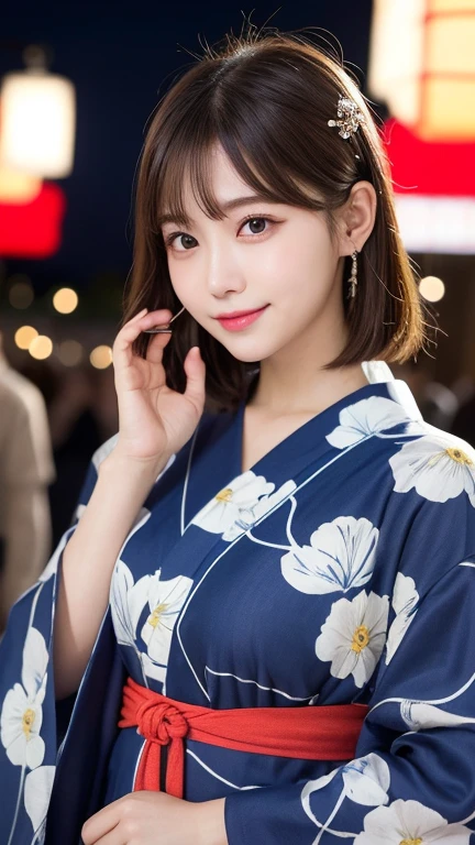 table top, highest quality, shape, Super detailed, finely, High resolution, 16k, perfect dynamic composition, straight hair, medium hair, brown hair,natural color lip, smile, 20歳のgirl、cute、beautiful、完璧でbeautiful顔, beautiful and detailed face, slim face and body, Elegant face, KPOP idol face、Japanese idol faces、small face、Big eyes, brown eyes, droopy eyes, 緻密でbeautiful目, girl,yukata, summer festival, vibrant festival lights and lanterns, hairpins and flowers, night, frontal face、upper body
