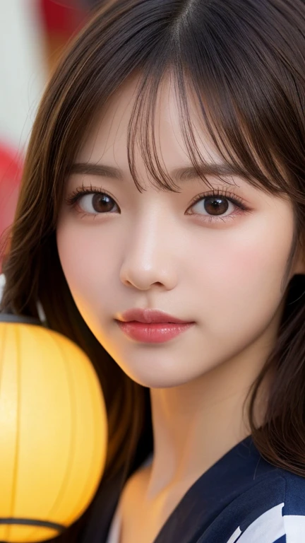 table top, highest quality, shape, Super detailed, finely, High resolution, 16k, perfect dynamic composition, straight hair, medium hair, brown hair,natural color lip, smile, 20歳のgirl、cute、beautiful、完璧でbeautiful顔, beautiful and detailed face, slim face and body, Elegant face, KPOP idol face、Japanese idol faces、small face、Big eyes, brown eyes, droopy eyes, 緻密でbeautiful目, girl,yukata, summer festival, vibrant festival lights and lanterns, hairpins and flowers, night, frontal face、upper body