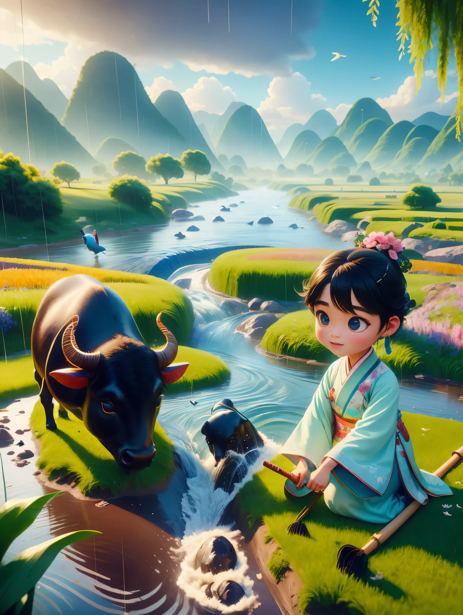 During the Qingming Festival, under a gentle rain, an adorable Chinese boy in light-colored Hanfu is engaged in planting vegetables with a hoe, while a black bull munches on grass nearby, reminiscent of characters from Pop Mart. The setting is a field with a river, grasslands, and mountains in the distance, under a sky where birds are soaring, symbolizing vibrant spring life. The character is designed in a Disney Pixar style, featuring big, watery eyes and bright colors. The scene utilizes ray tracing and octane rendering techniques to achieve a wide-angle perspective, clay-like textures, and dynamic, animated lighting. This 3D artwork is created using C4D and OC rendering, offering a vivid and high-quality depiction of this rich, pastoral scene.