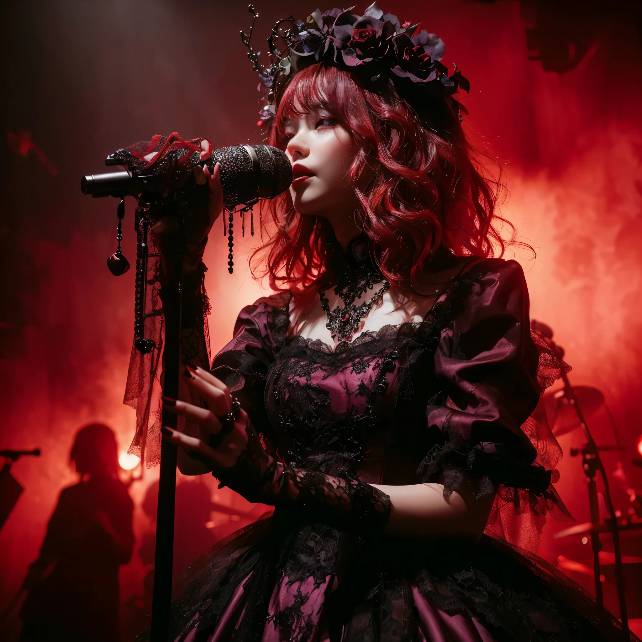 ((very sharp photo result & detailed face)) (((textile shading))), (((Best Quality))), (((masterpiece))) (((hyper realistic photo)) red light mood, japanese vocalist girl with black orchid crown, red wavy hair, attractive on stage hold a gothic ornament microphone, wear purple gown black lace, net stockings & boots, at dark stage performance red smoke on a night concert, band member as background, dark dramatic spotlight lamp on her, taken with hasselblad camera. HDR10 8K