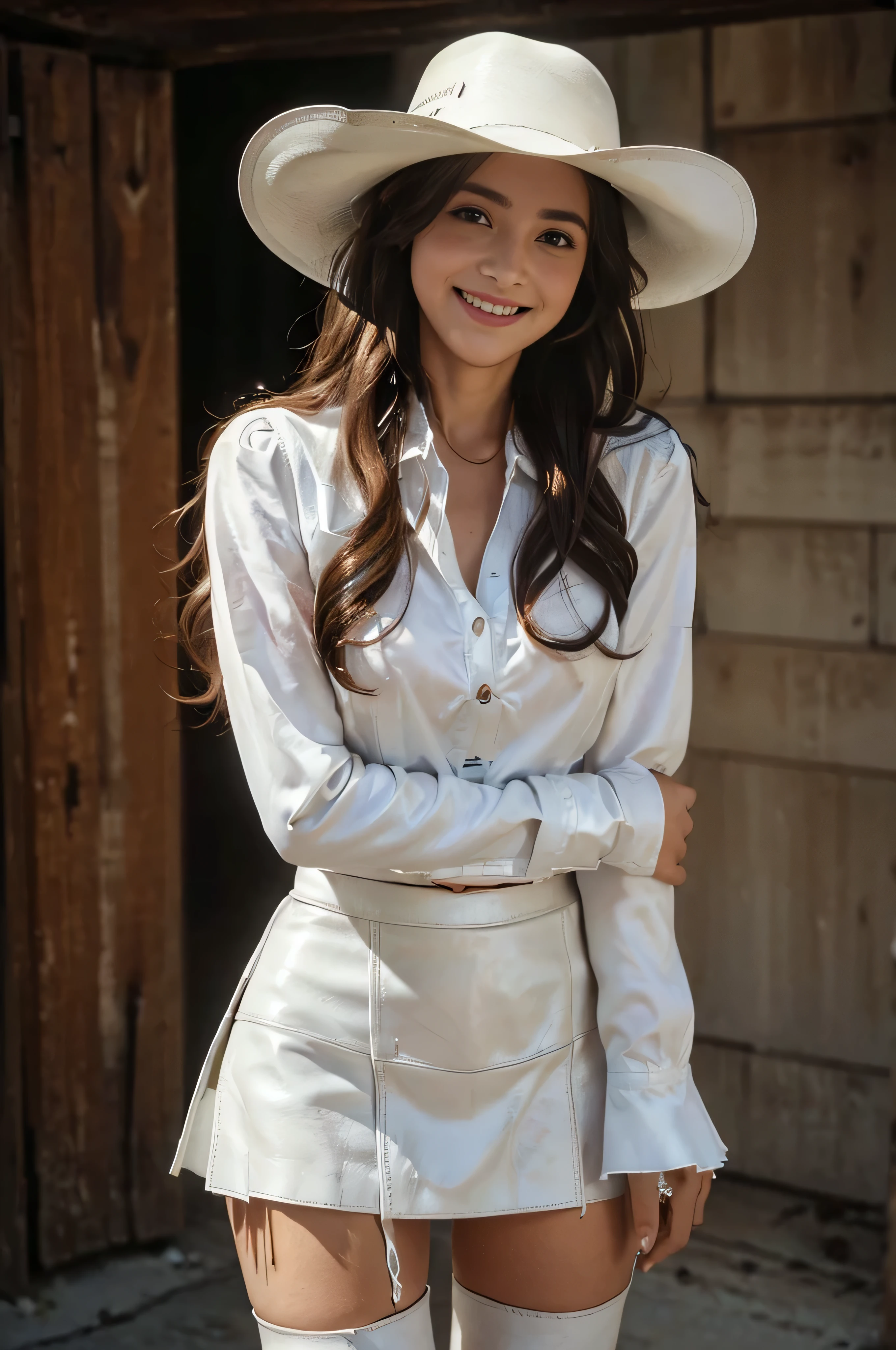 ((beautiful a girl:1.3))((white_Western Shirt&white_leather mini skirt:1.4))((crowd street_In:1.2)),((Cowboy Hat_Western boots:1.2))((Thin_fabric:1.4))((standing around doing nothing:1.3))((flushed face:1.4))((medium sized breasts:1.2))((Close-up:1.2)) highest quality、muste piece、ultra high resolution、(photorealistic:1.4)、Raw photo、(real skin texture:1.3)、(film grain:1.3)、panorama、character portrait、very wide shot、thin waist、cowboy shot、(in the dark、deep shadow、moderate、cold light、)night、(())、flowing tears、dust、Tyndall effect、(expression)、1girl in、beautiful detailed eyes and face、white jabot、brown eyes、((brown super long hair:1.2))、((loosely curled hair:1.2)) ((whole body:1.3)) ((smile:1.3))