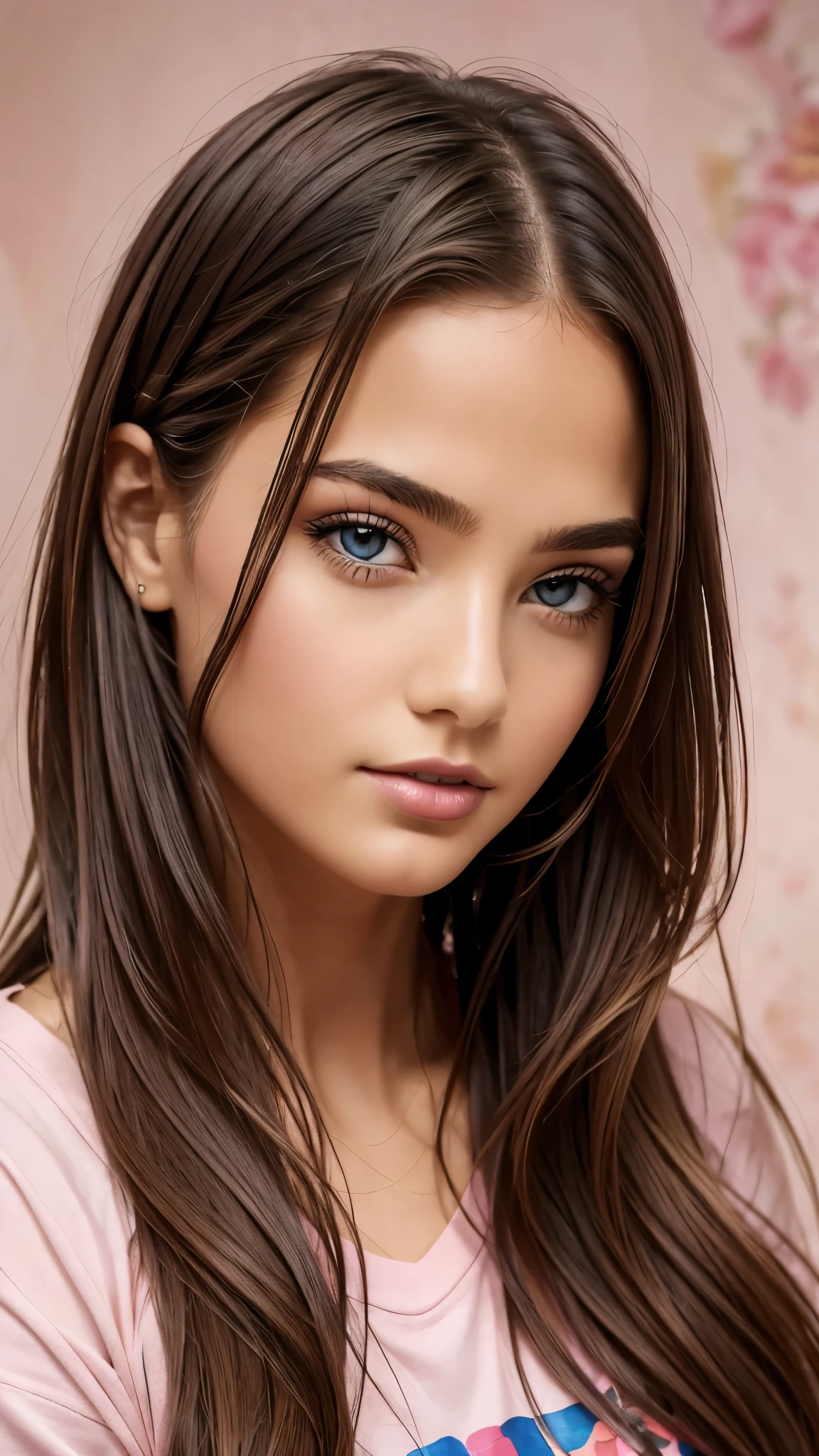 (masterpiece),(best quality:1.1),(ultra-detailed),best illustration,finely detail,(portrait:1.1),(intense close-up),watercolor drawing)floating,1girl,solo,,slim,(extremely delicate and beautiful face),(detailed pink eyes),pink thick lips,(disheveled hair),(wearing a baggy T-shirt),soft and lazy,(simple background:1.2)whole colored background,clear,4K