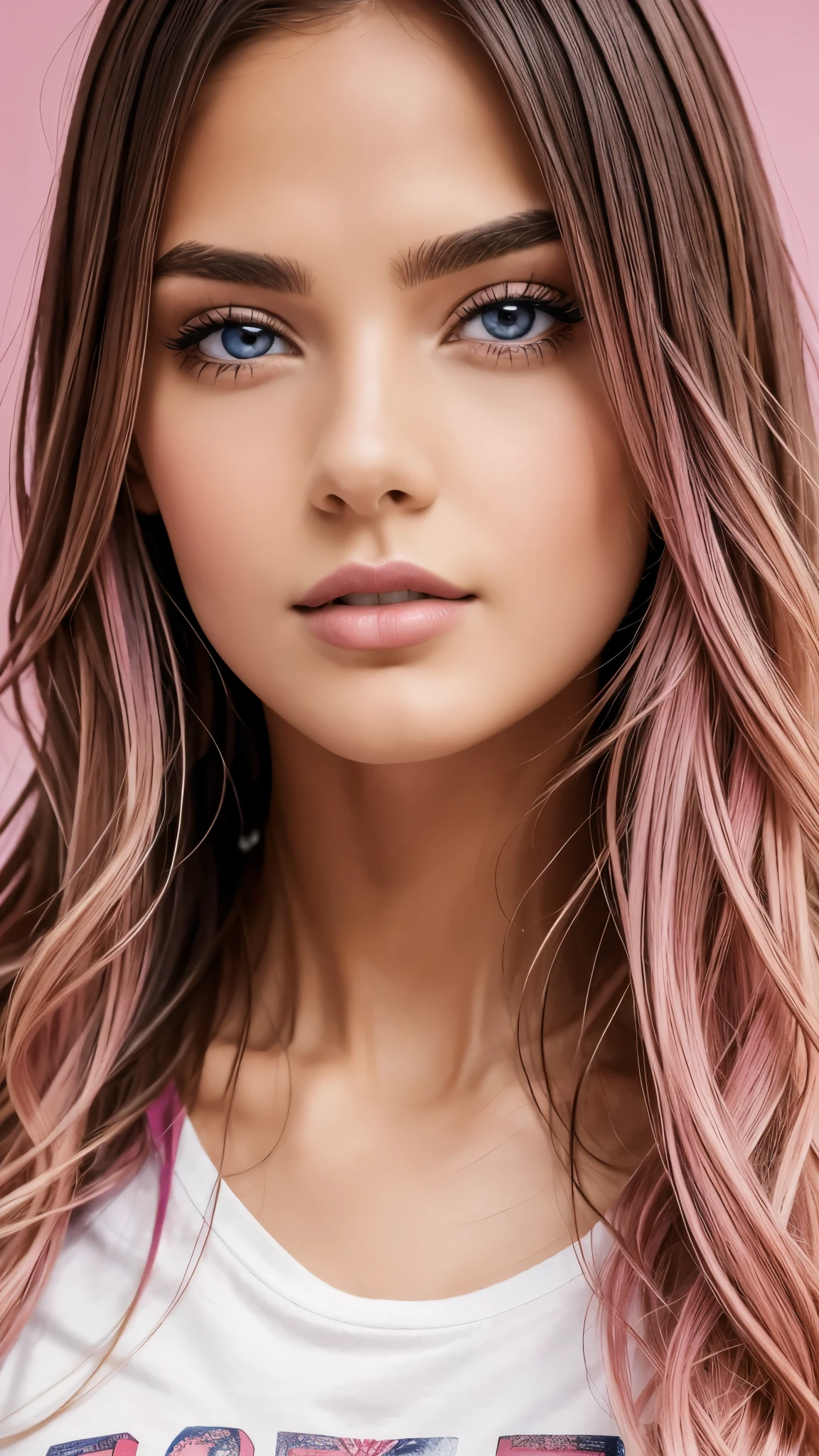 (masterpiece),(best quality:1.1),(ultra-detailed),best illustration,finely detail,(portrait:1.1),(intense close-up),watercolor drawing)floating,1girl,solo,,slim,(extremely delicate and beautiful face),(detailed pink eyes),pink thick lips,(disheveled hair),(wearing a baggy T-shirt),soft and lazy,(simple background:1.2)whole colored background,clear,4K