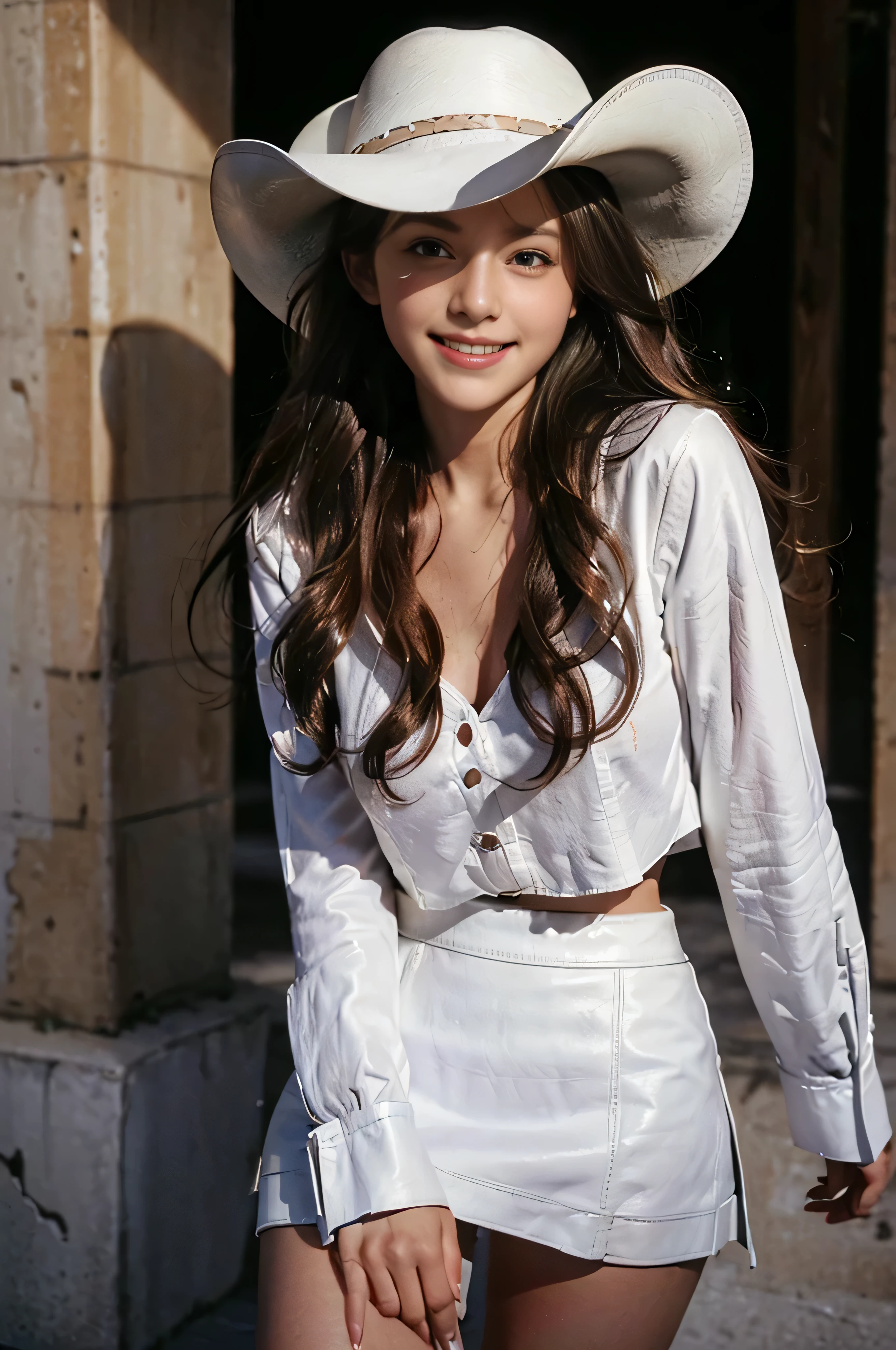 ((beautiful a girl:1.3))((white_Western Shirt&white_leather mini skirt:1.4))((crowd street_In:1.2)),((Cowboy Hat_Western boots:1.2))((Thin_fabric:1.4))((standing around doing nothing:1.3))((flushed face:1.4))((medium sized breasts:1.2))((Close-up:1.2)) highest quality、muste piece、ultra high resolution、(photorealistic:1.4)、Raw photo、(real skin texture:1.3)、(film grain:1.3)、panorama、character portrait、very wide shot、thin waist、cowboy shot、(in the dark、deep shadow、moderate、cold light、)night、(())、flowing tears、dust、Tyndall effect、(expression)、1girl in、beautiful detailed eyes and face、white jabot、brown eyes、((brown super long hair:1.2))、((loosely curled hair:1.2)) ((whole body:1.3)) ((smile:1.3))