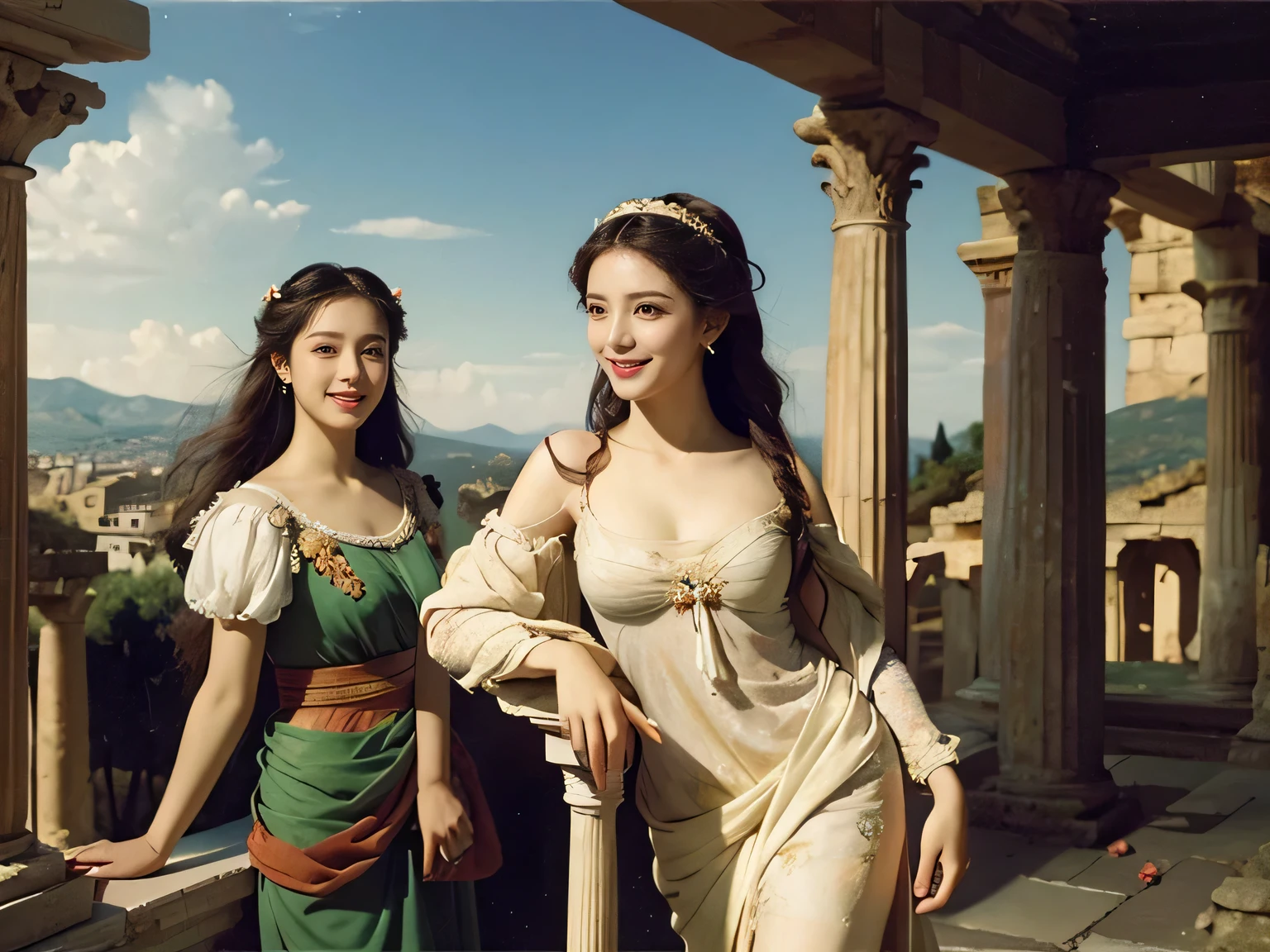 Raffaello Santi painting style,Arguments of two female 、roses in vase、fruits、Cute trinkets、smile、ancient greek costume、Woman standing on ancient Roman ruins ,A big smile