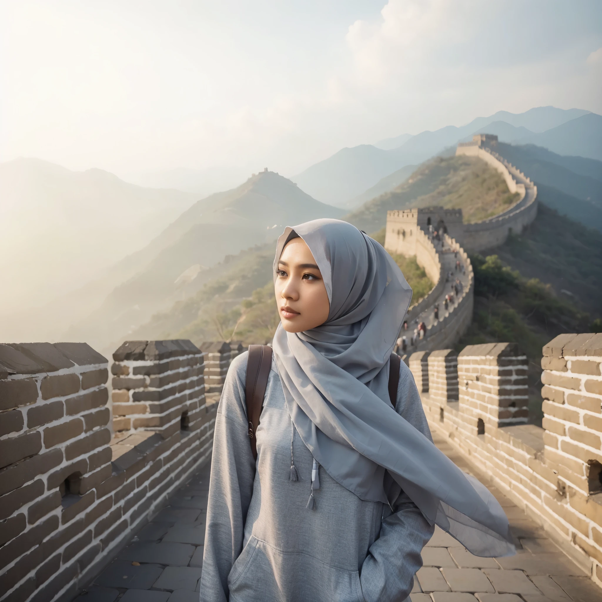 Indonesia women wear gray hijab, in great wall, very high detail, raw photo, photography