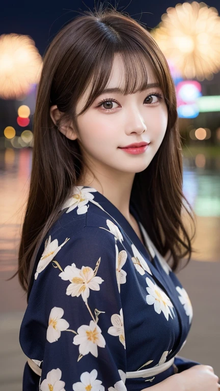 table top, highest quality, shape, Super detailed, finely, High resolution, 16k, perfect dynamic composition, straight hair, medium hair, brown hair,natural color lip, smile, 20歳のgirl、cute、beautiful、完璧でbeautiful顔, beautiful and detailed face, slim face and body, Elegant face, KPOP idol face、Japanese idol faces、small face、Big eyes, brown eyes, droopy eyes, 緻密でbeautiful目, girl、yukata、 frontal face、upper body, summer night, riverside or park, splendid fireworks