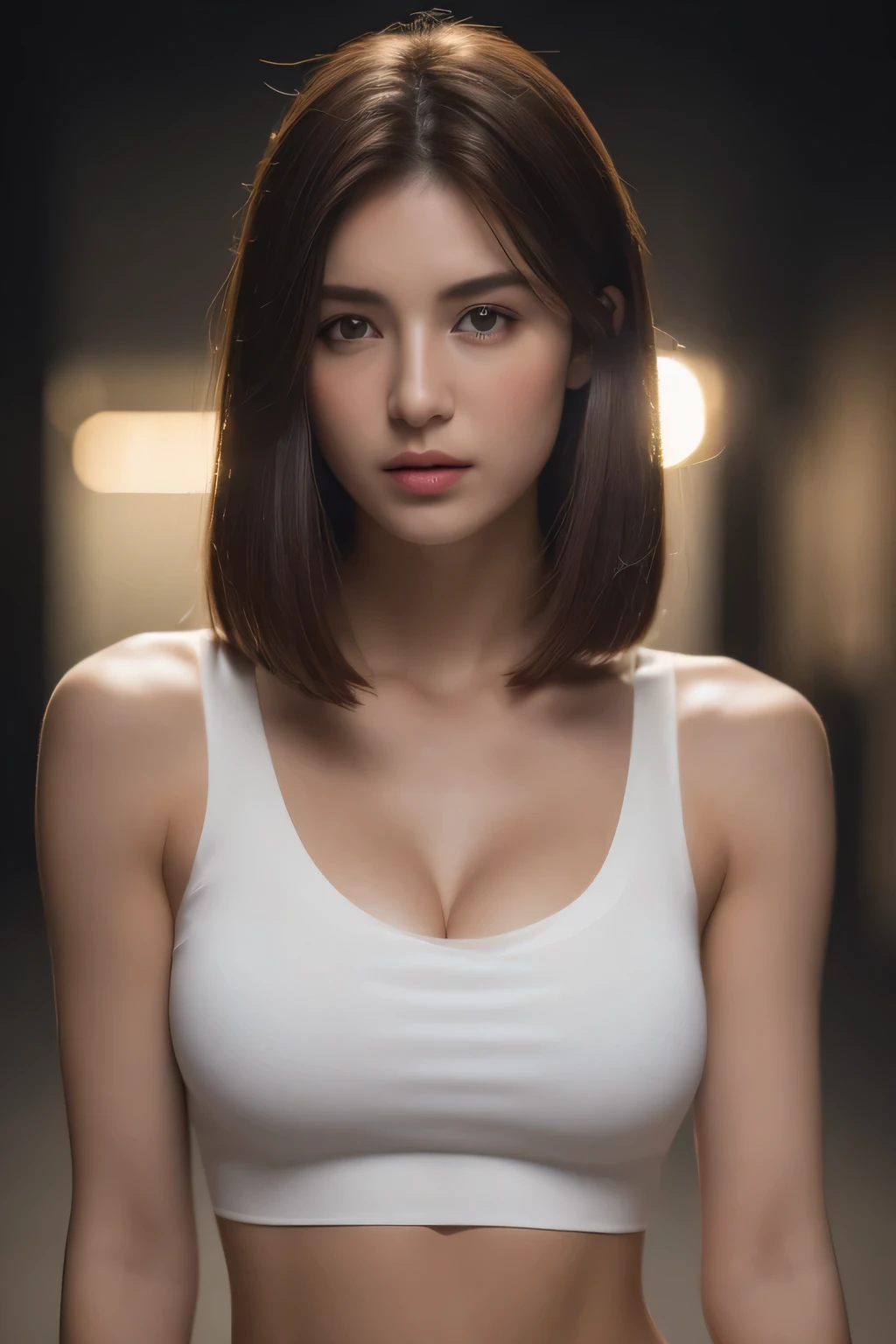 ((Realistic lighting, Best quality, 8K, Masterpiece: 1.3)), Clear focus: 1.2, 1girl, Perfect Figure: 1.4, detailed Abs: 1.1, ((Dark brown hair)), (White crop top: 1.4), (Outdoor, Night: 1.1), City streets, Super fine face, Fine eyes, Double eyelids, large breast, deep cleavage, detailed abs, sitting