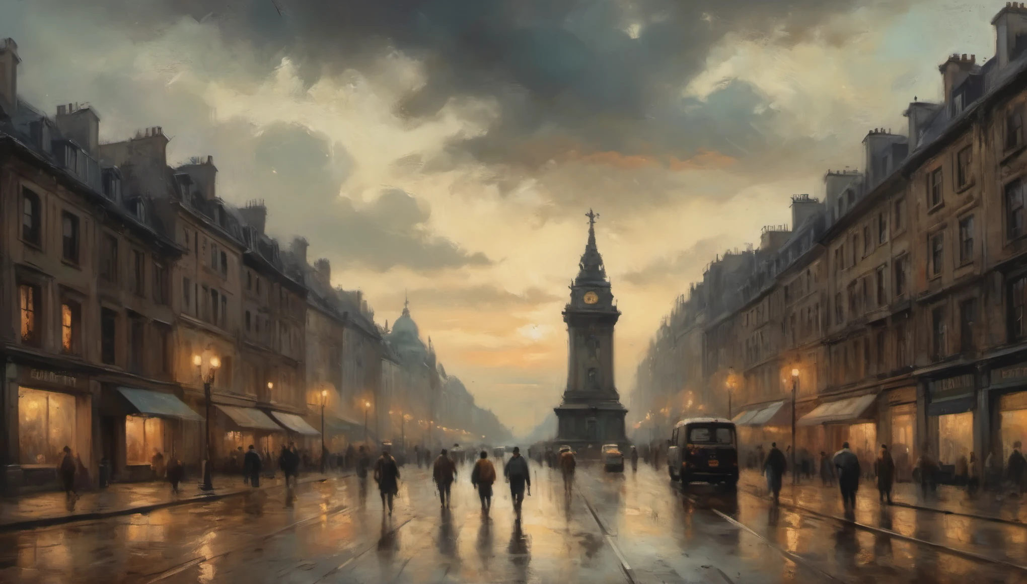 Create image of a Dark Tone European Cityscape Painting, Vintage Moody, Evening shot, Lighting on the streetway, people walking, Brush stokes, Oil painting on canvas, worn, torn, look grand and old authentic, sky is cloudy, Big monument vaguely visible, towards the end sight of the streetway